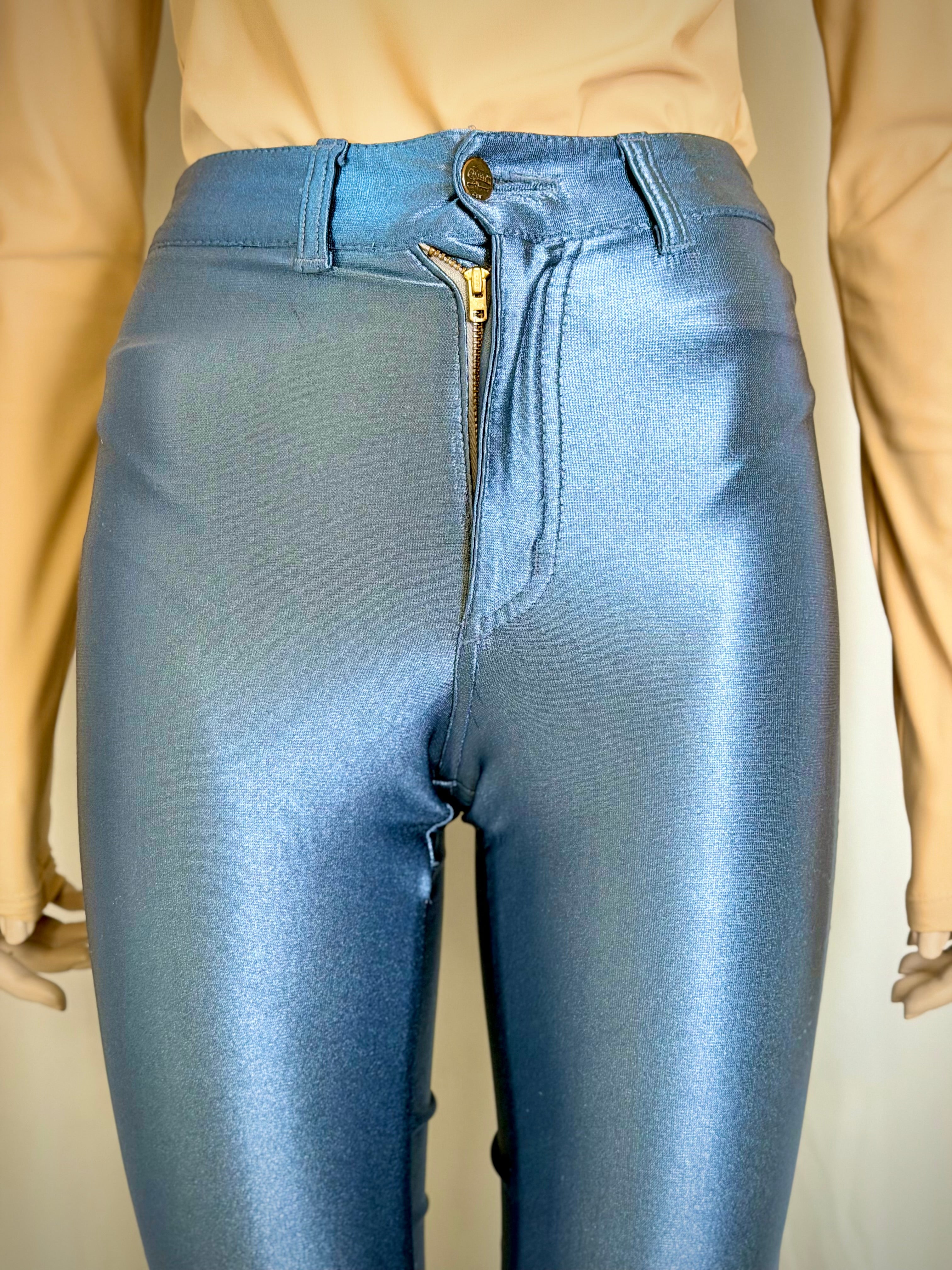 Vintage 70s Chemin de Fer Metallic Blue Flared Pants