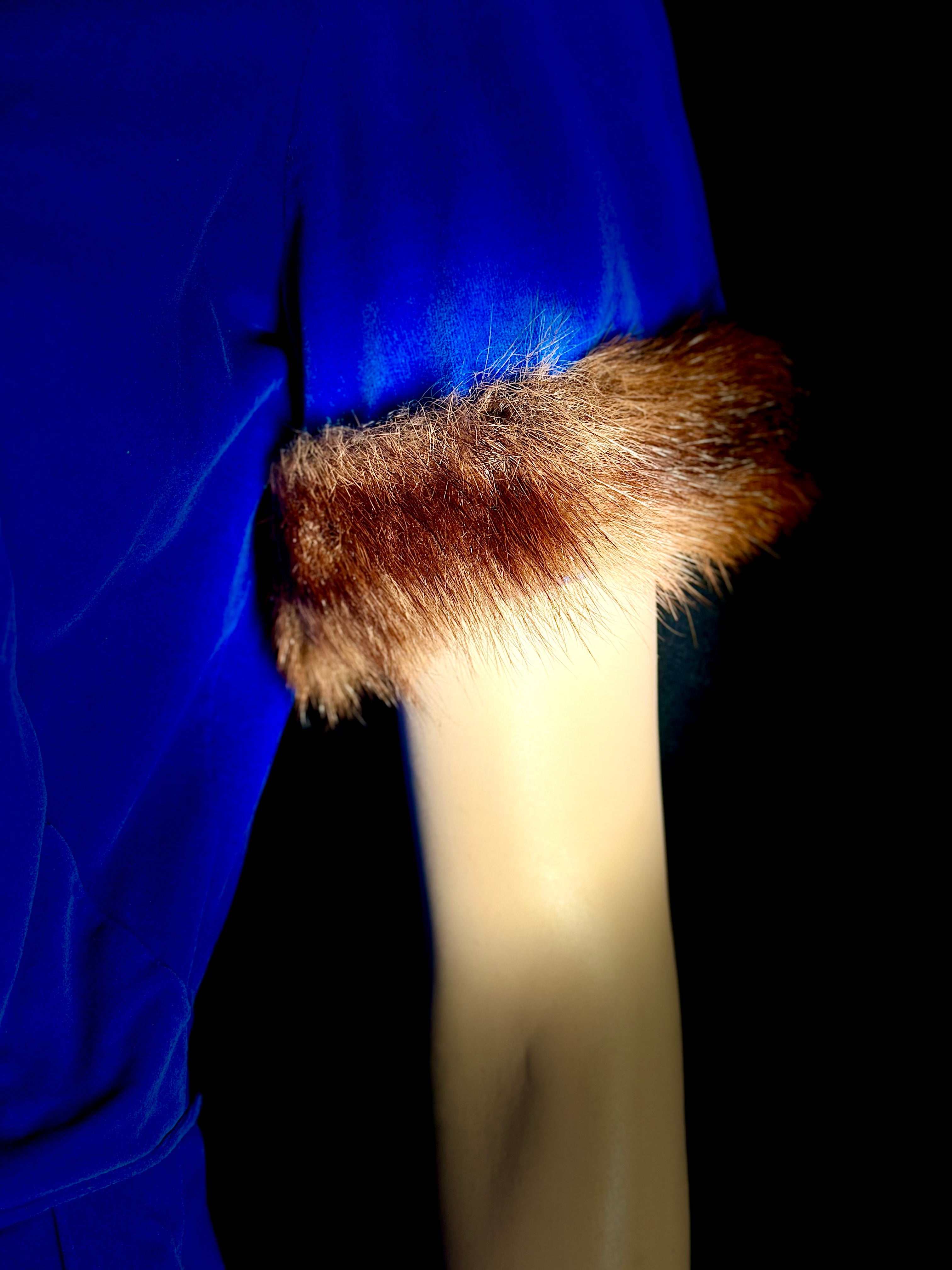 1960s Royal Blue Velvet Dress with Fur-Trimmed Sleeves