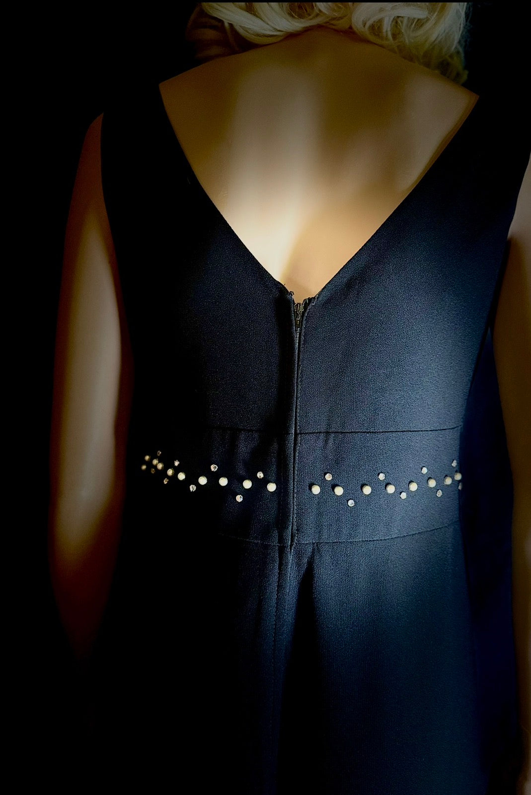 1960s Hershelle Model Mayfair London Black Evening Gown, Pearl & Diamante Detail