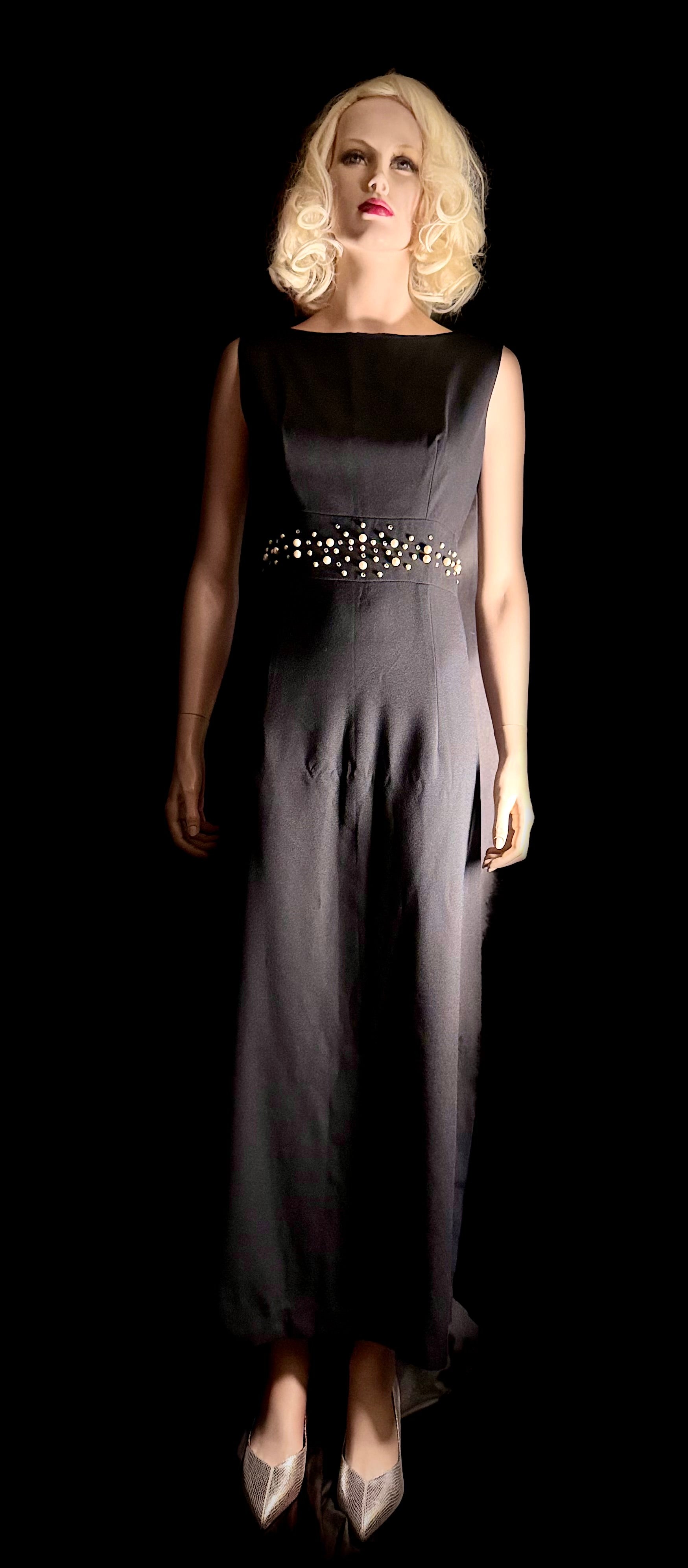 1960s Hershelle Model Mayfair London Black Evening Gown, Pearl & Diamante Detail