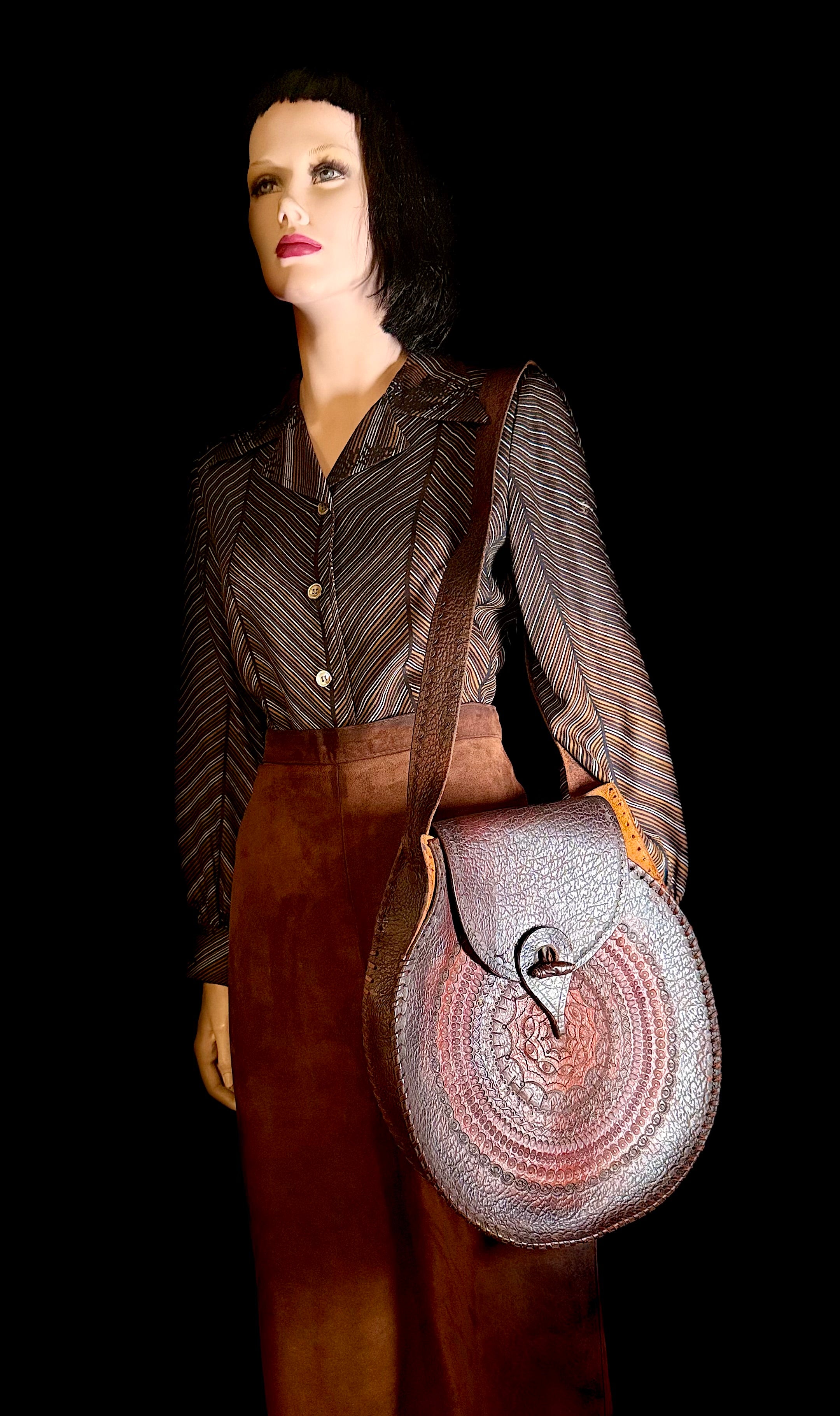 Oversized 1970s Tooled Leather Shoulder Bag - Hand-Crafted