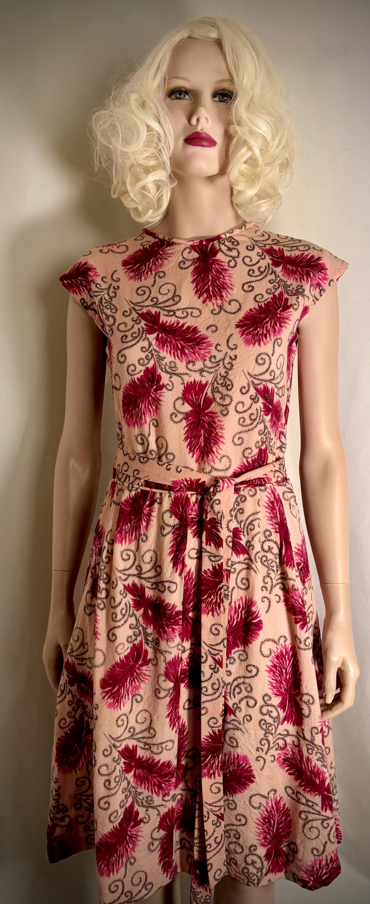 Circa 1940s Cotton Day Dress with Raspberry Print- Professionally Restored
