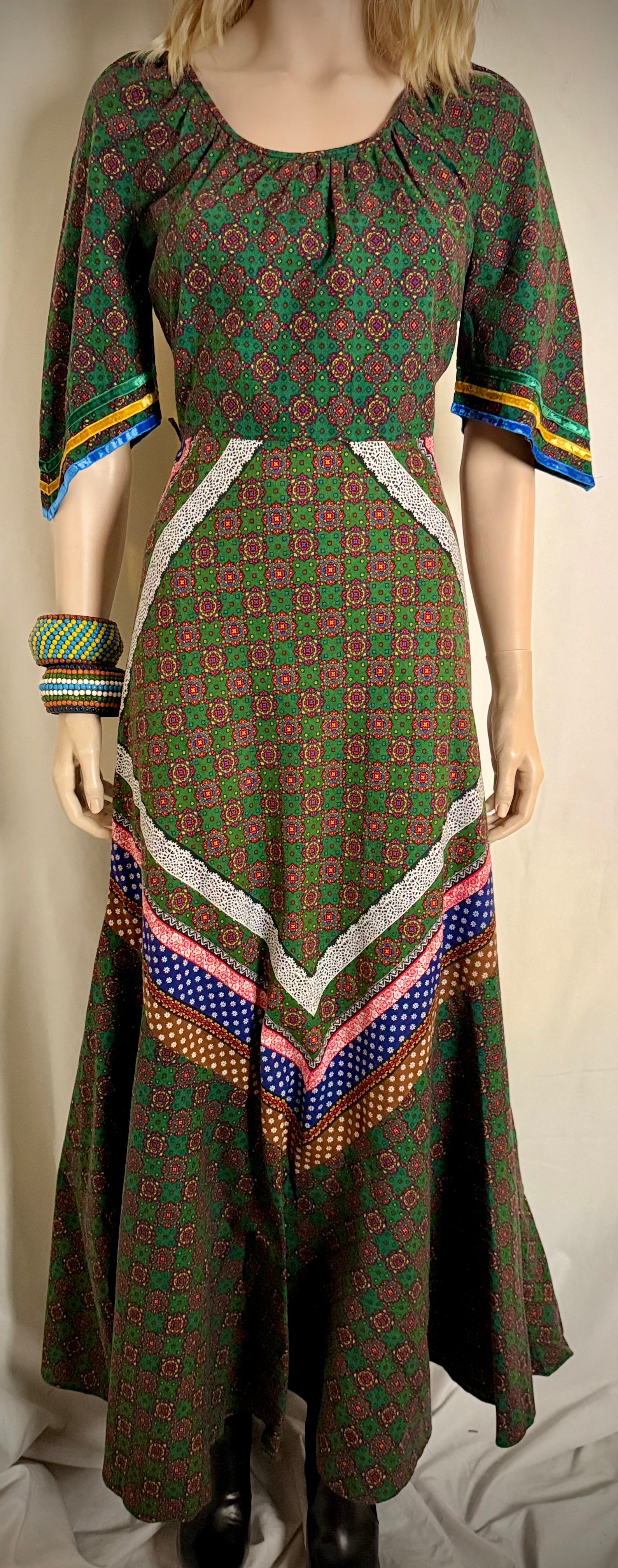 1970s Vera Mont Paris Printed Maxi Dress With Full Skirt