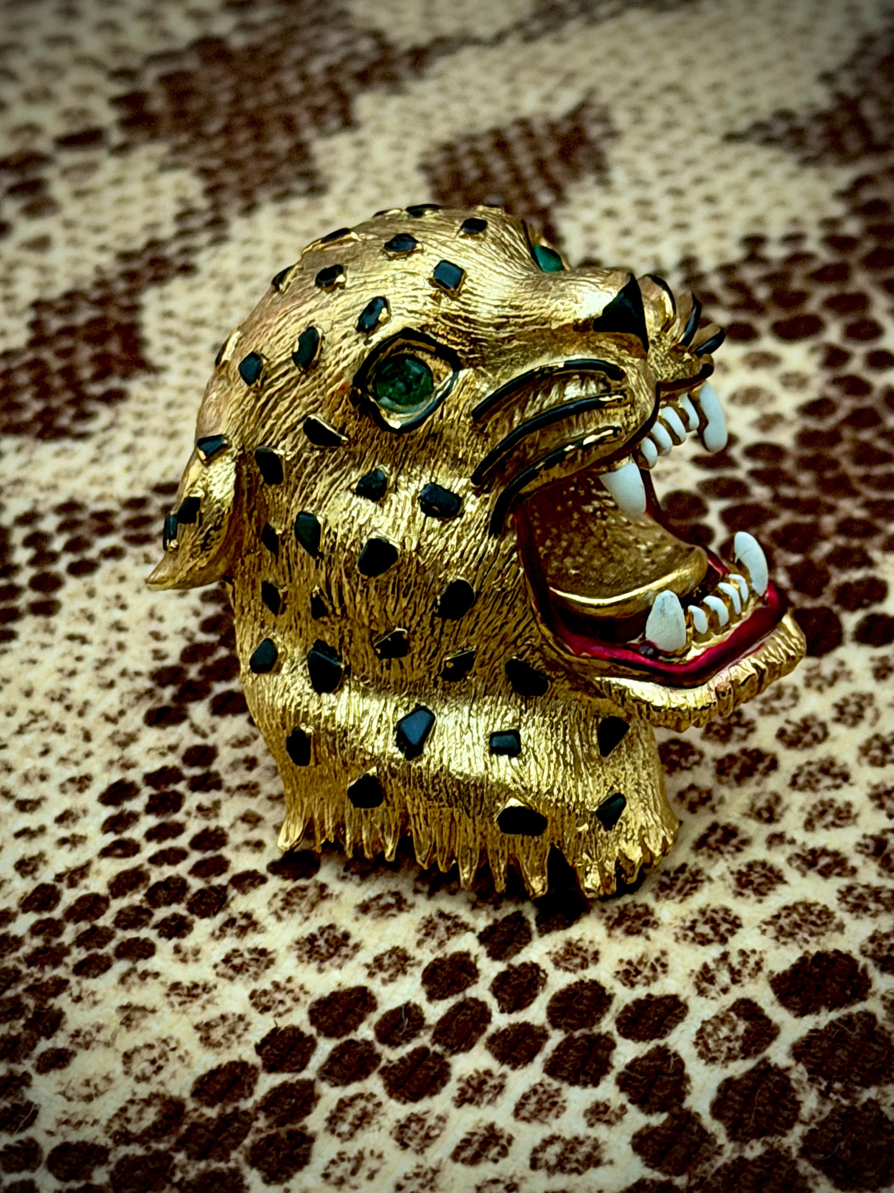 1980s Rhinestone Leopard Head Enamel Brooch | Gold Tone Statement Jewellery