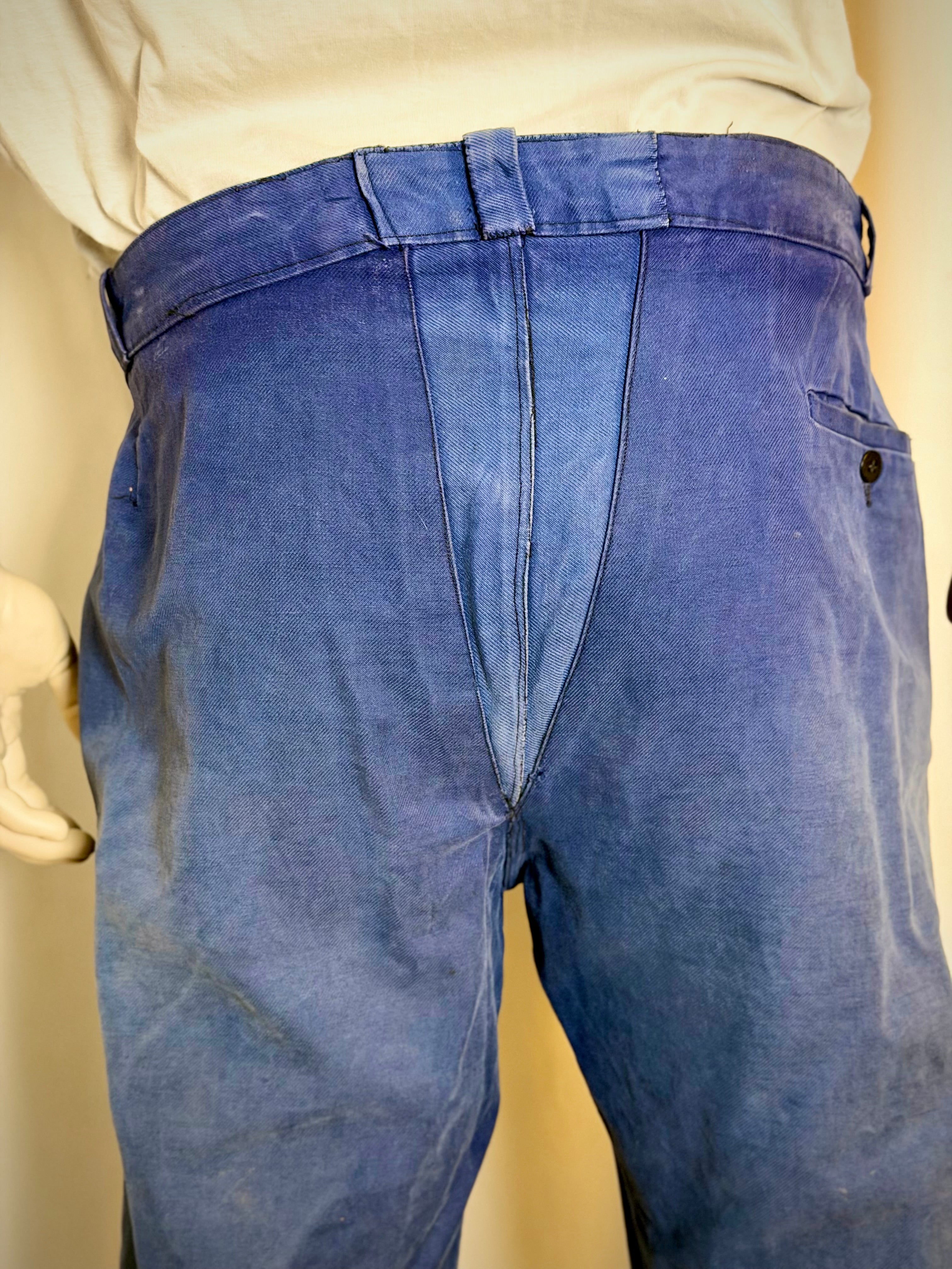 1940s French Workwear Trousers - Bleu de Travail Patina, Wide Leg, Rare