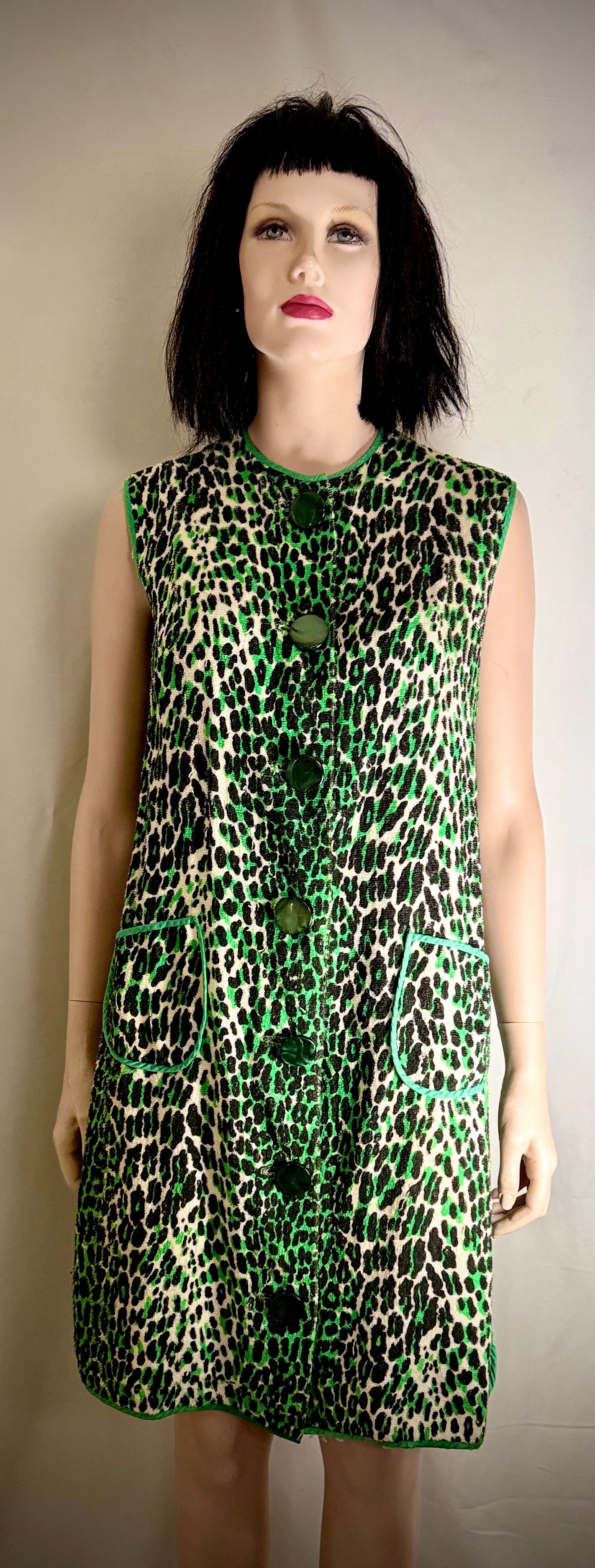 Vintage 1960s Leopard Print Towelling Dress | Unworn | Graphic Green