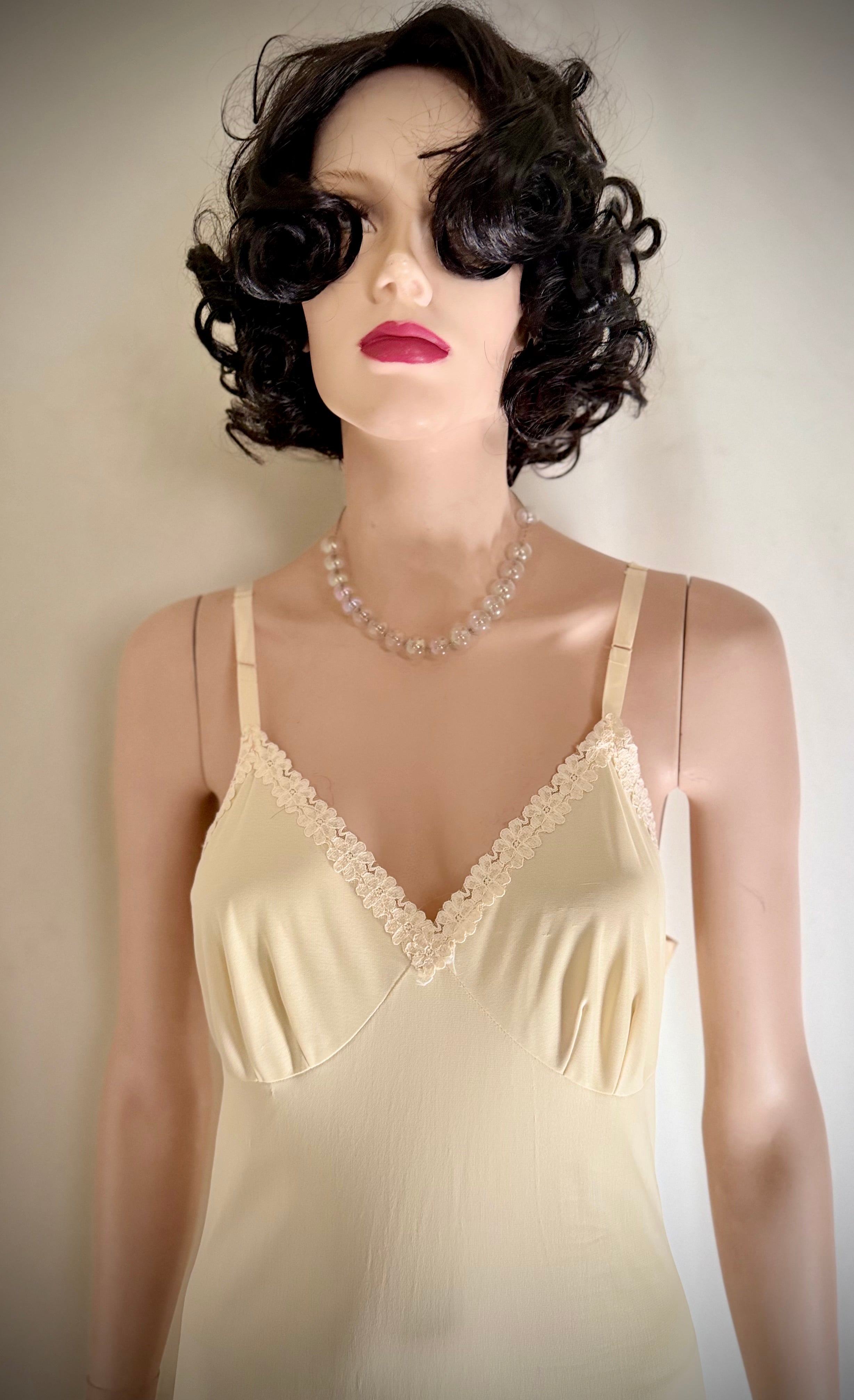 1960s Cream Nylon Slip Dress With Lace Trim