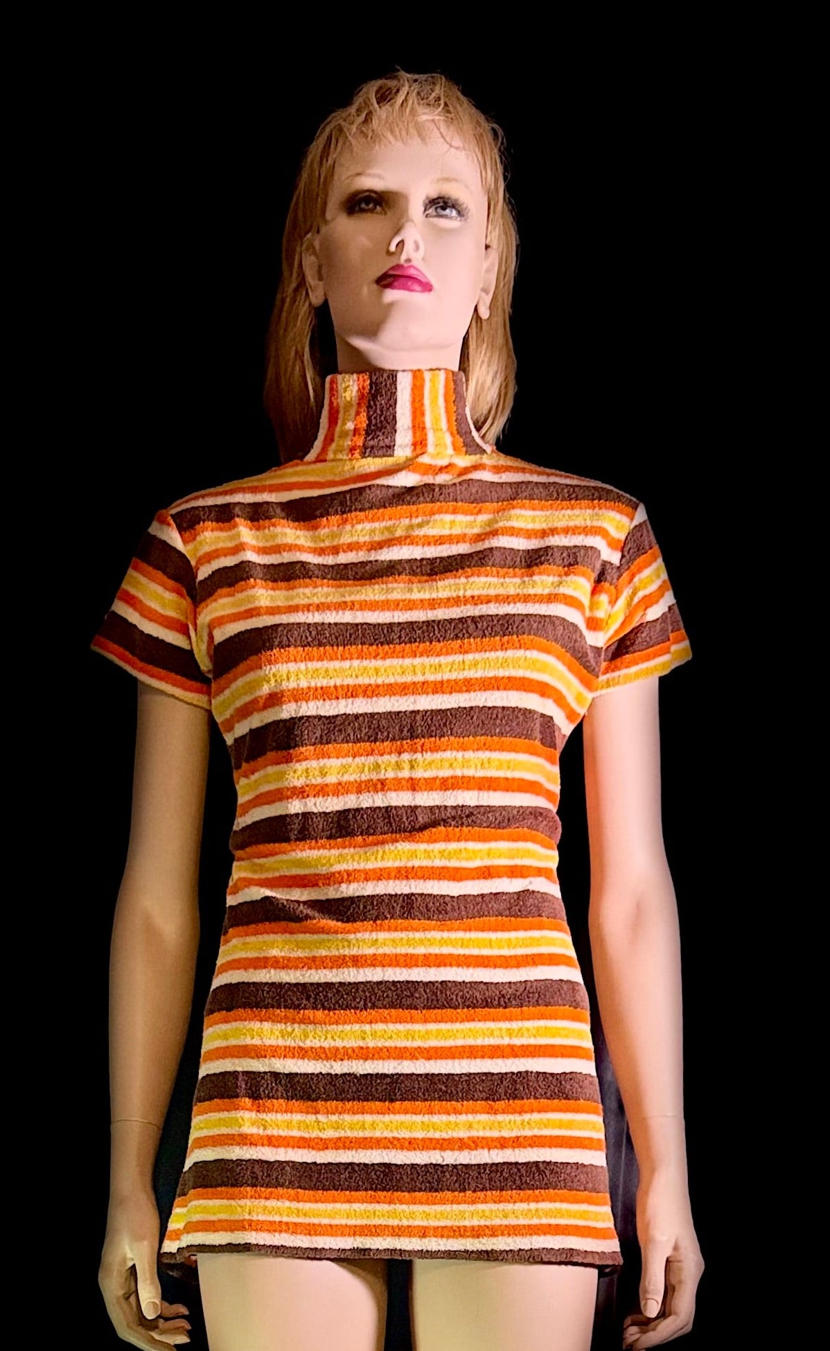 Vintage 1960s Towelling Mini Dress | High Neck | Graphic Stripe | Unworn