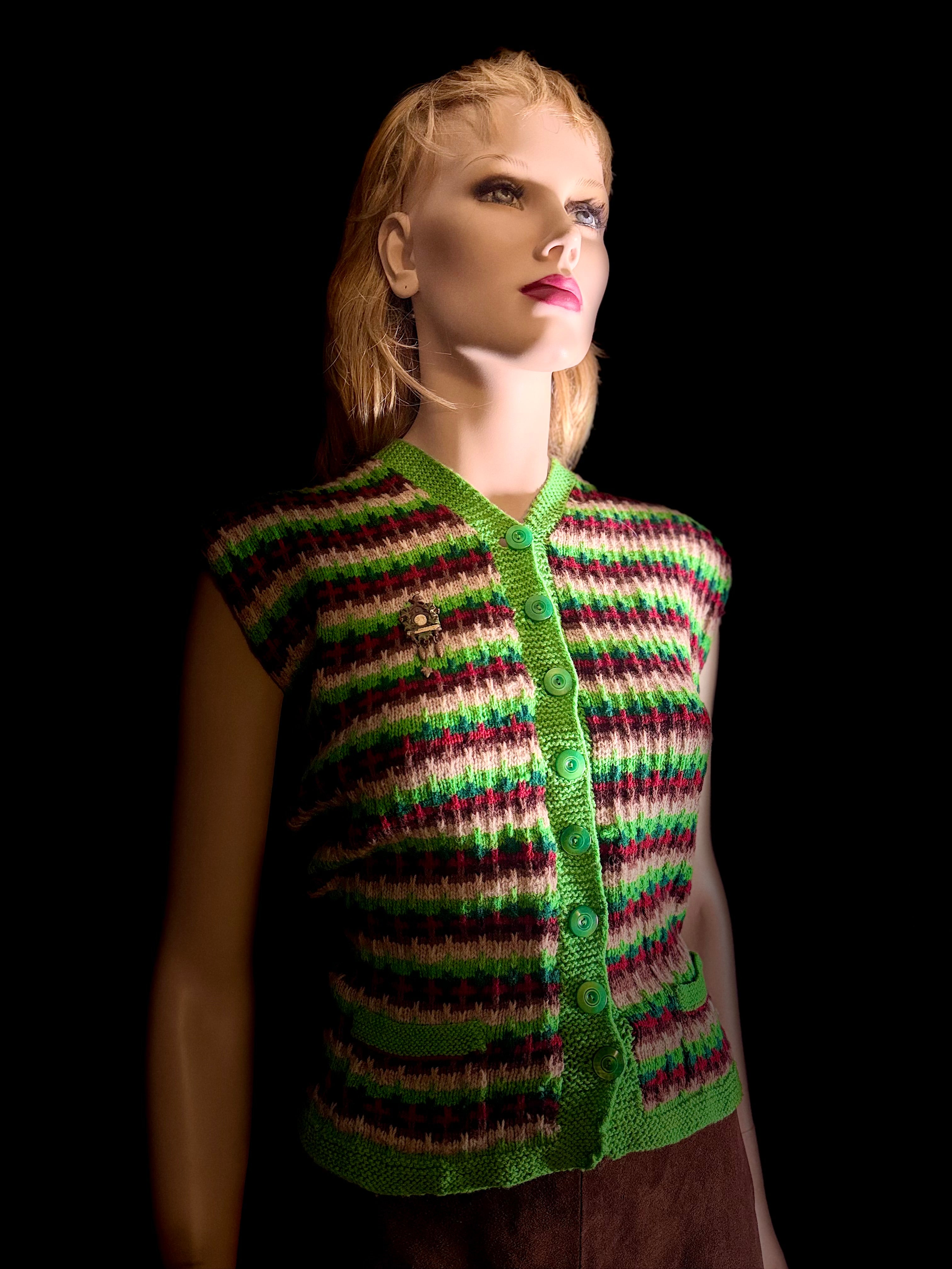 1940s-50s Hand-Knitted Wool Vest | Folk Stripe Knit