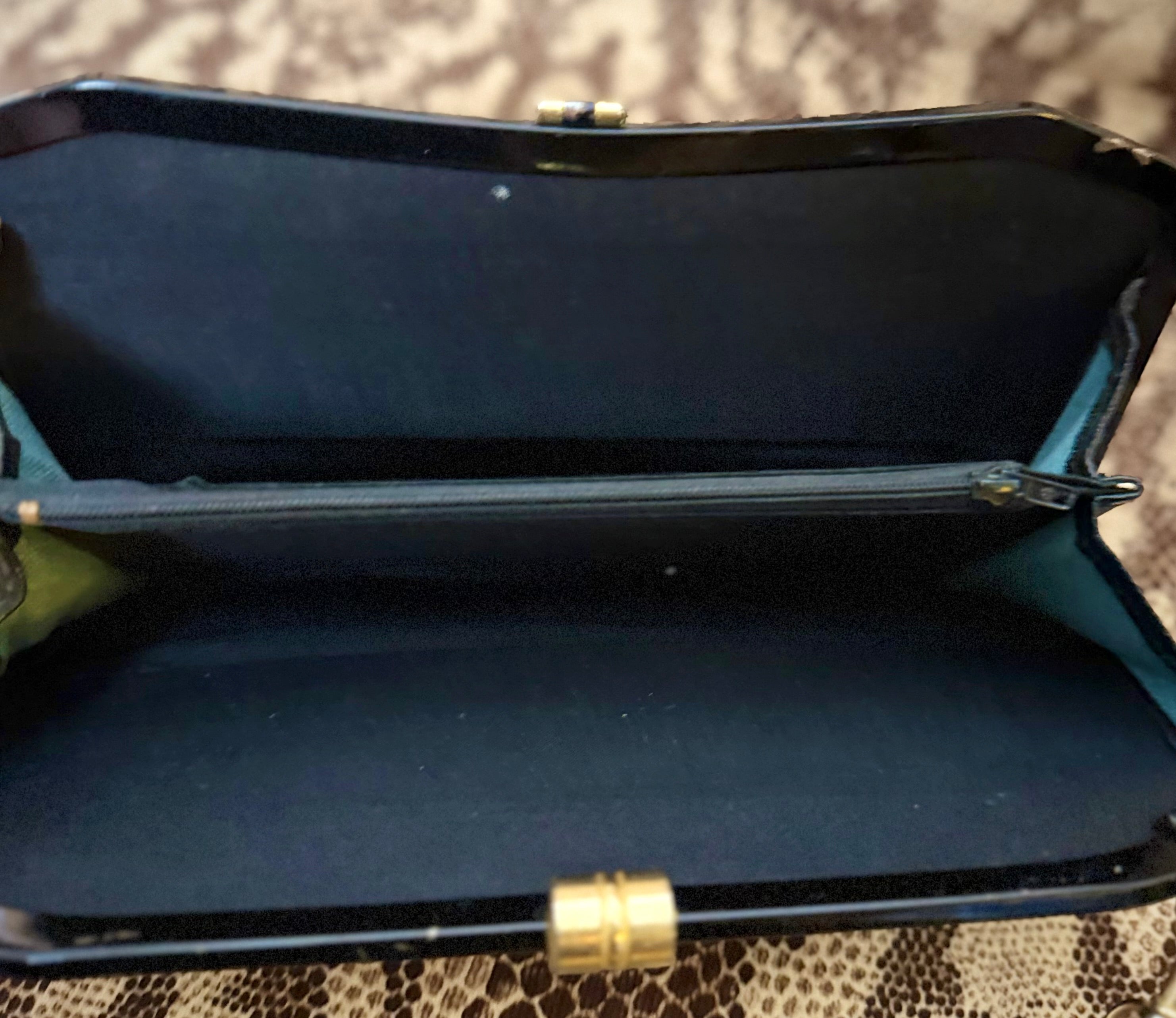 Late 50s-Early 60s Black Gathered Leather Shoulder Bag with Gold Butterfly Clasp
