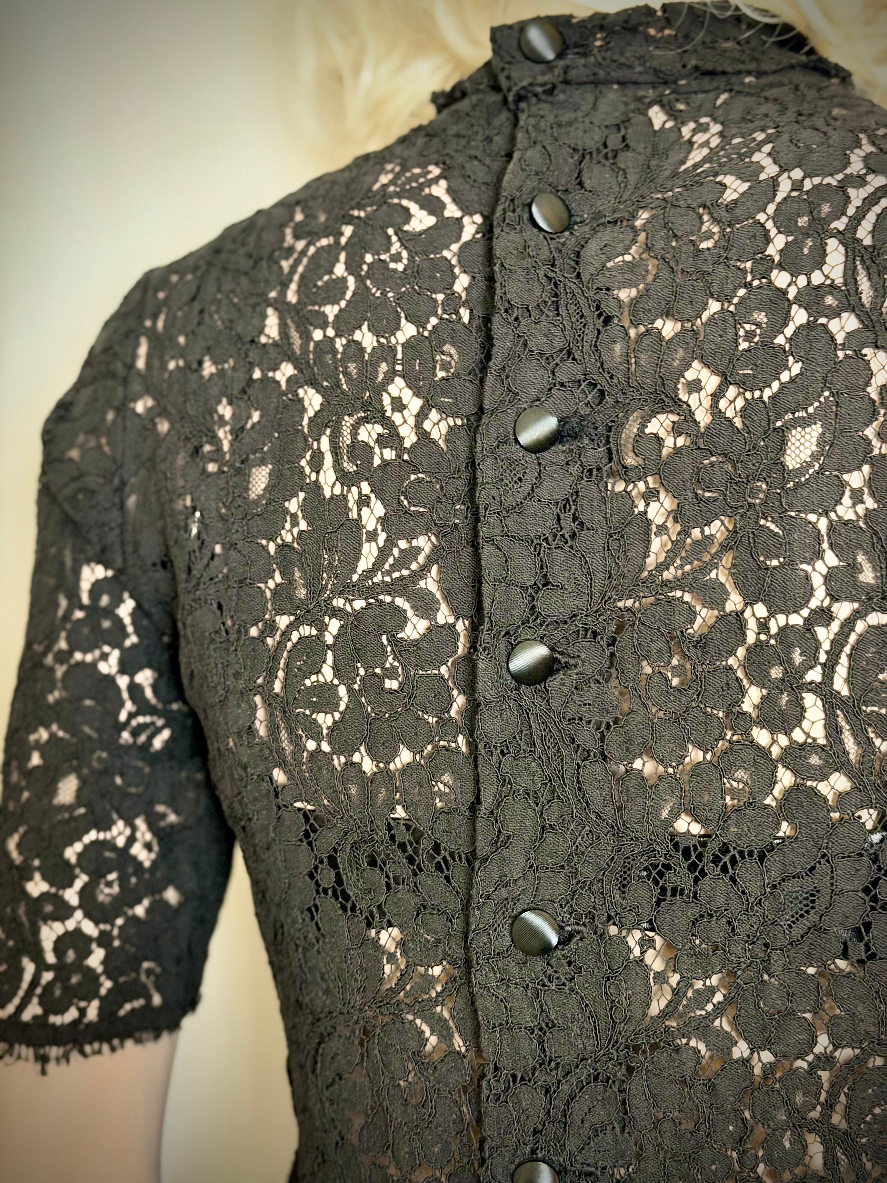 Late 1940s-Early 1950s Black Lace Scalloped Blouse