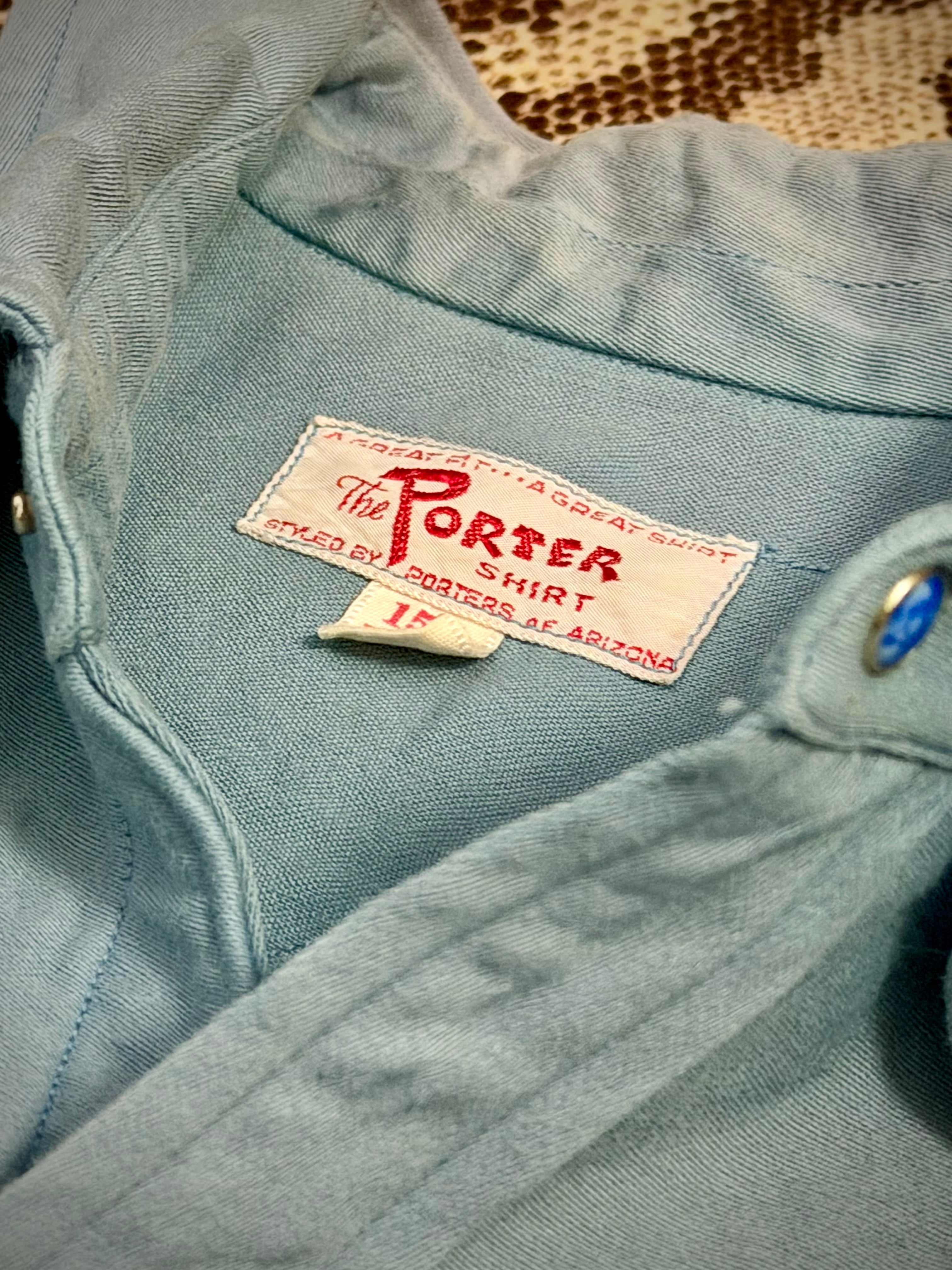 Vintage 1960s Porter of Arizona Western Shirt with Blue Cabochon Snaps
