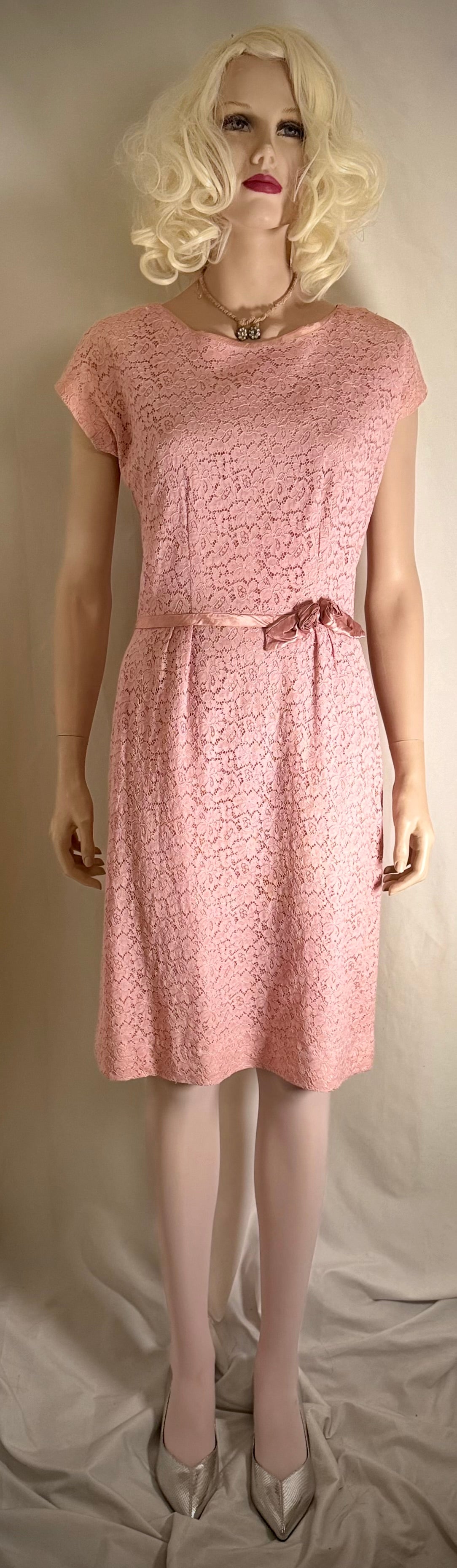1950s Pink Lace Cocktail Dress with Satin Rosette Belt