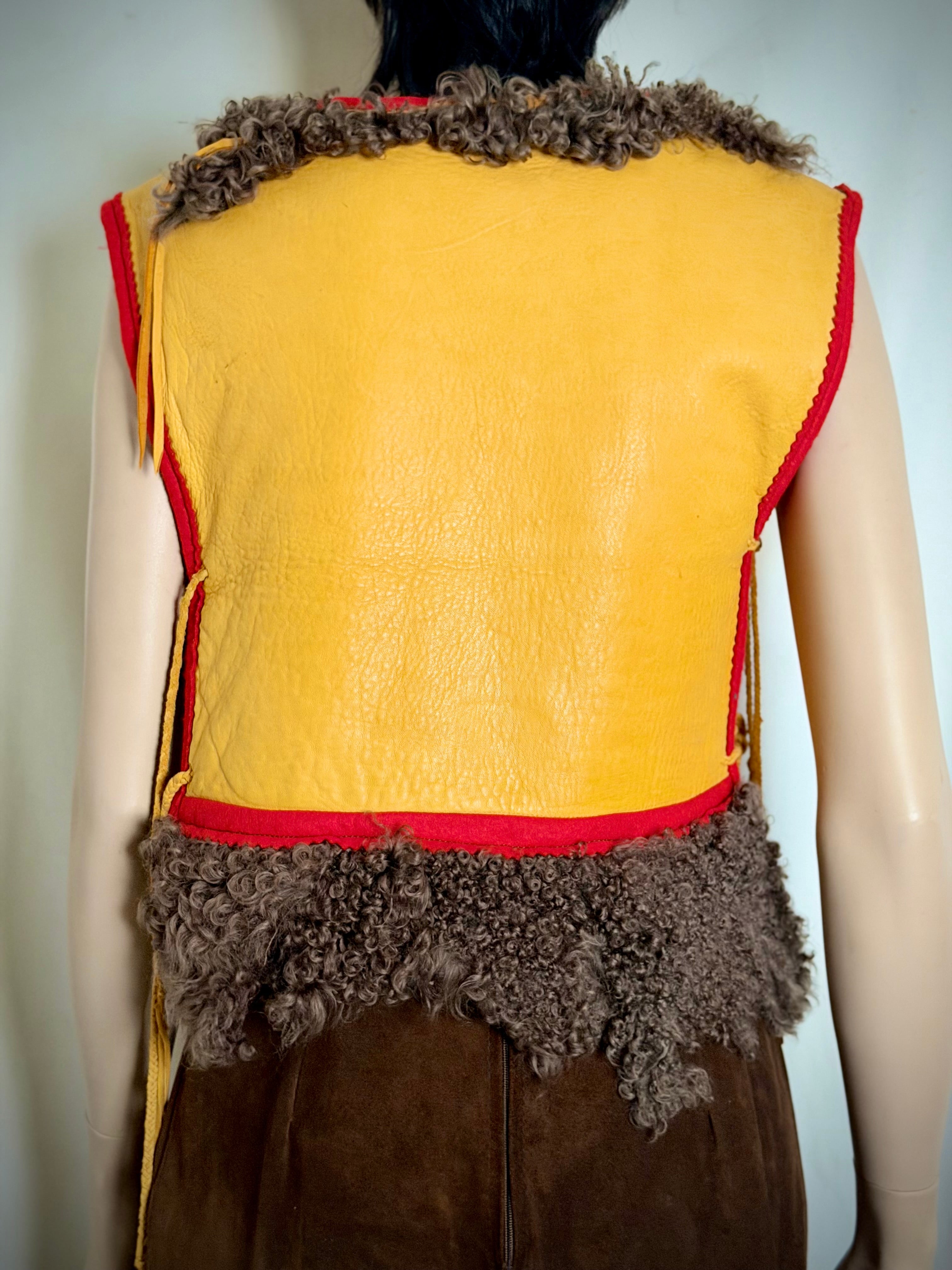 Rare 1970s Handmade Char Designs Leather and Mongolian Lamb Fur Vest