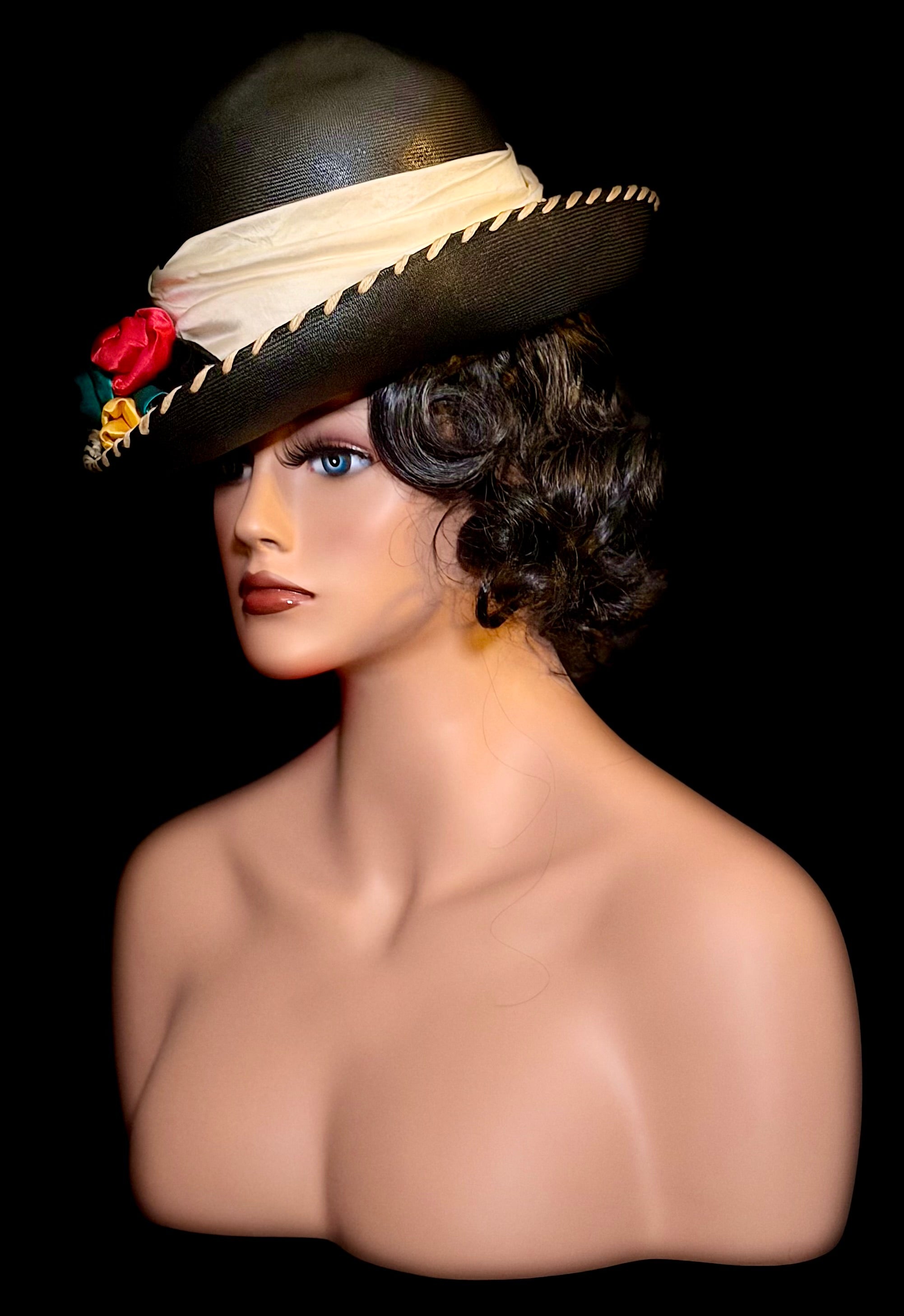 Exceptional Mid-Century Sculptural Hat - Black Structured Crown with Velvet and Satin Roses