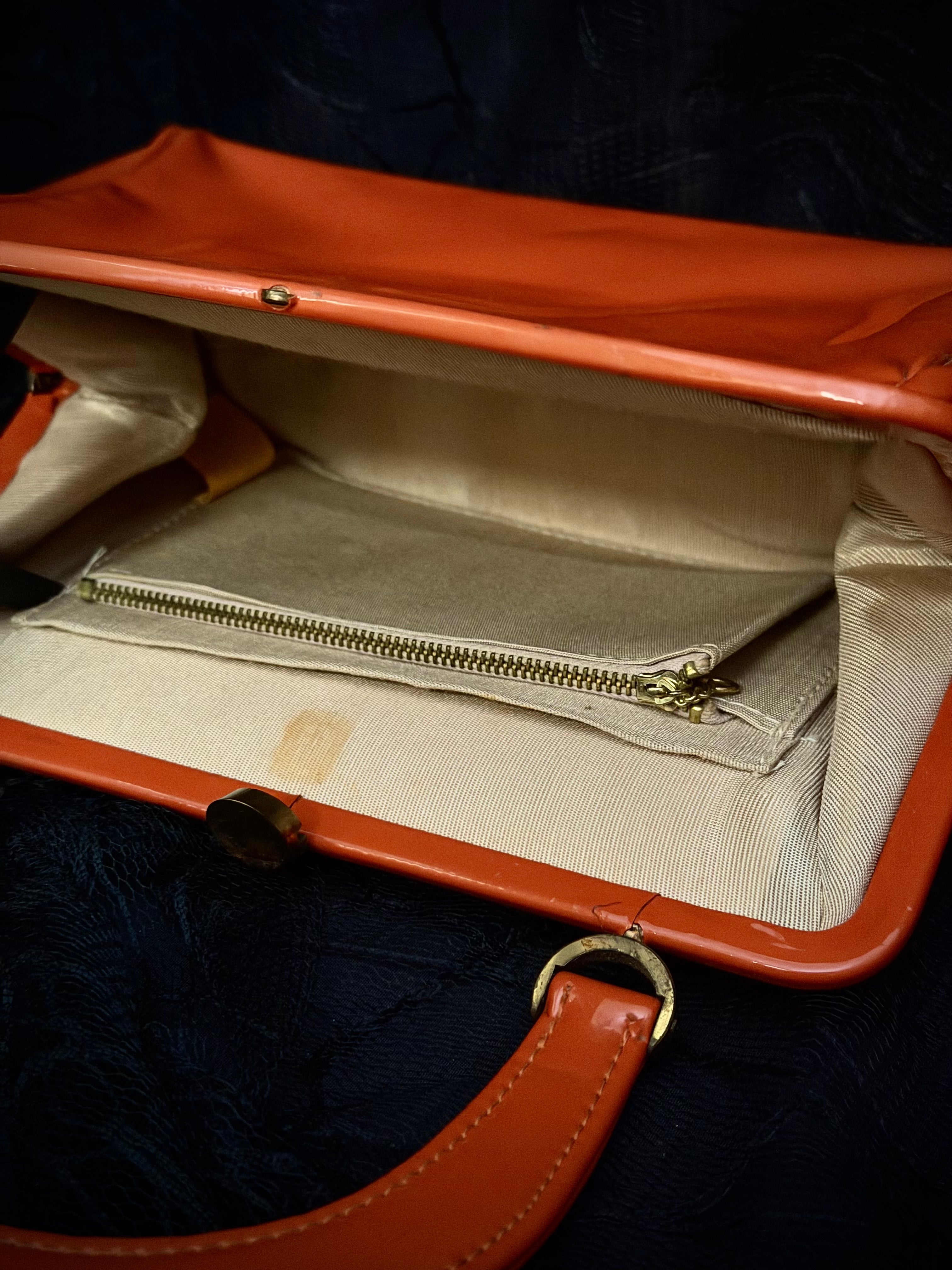 Mid-Century Tangerine Handbag with Original Gloves and Hanky Set