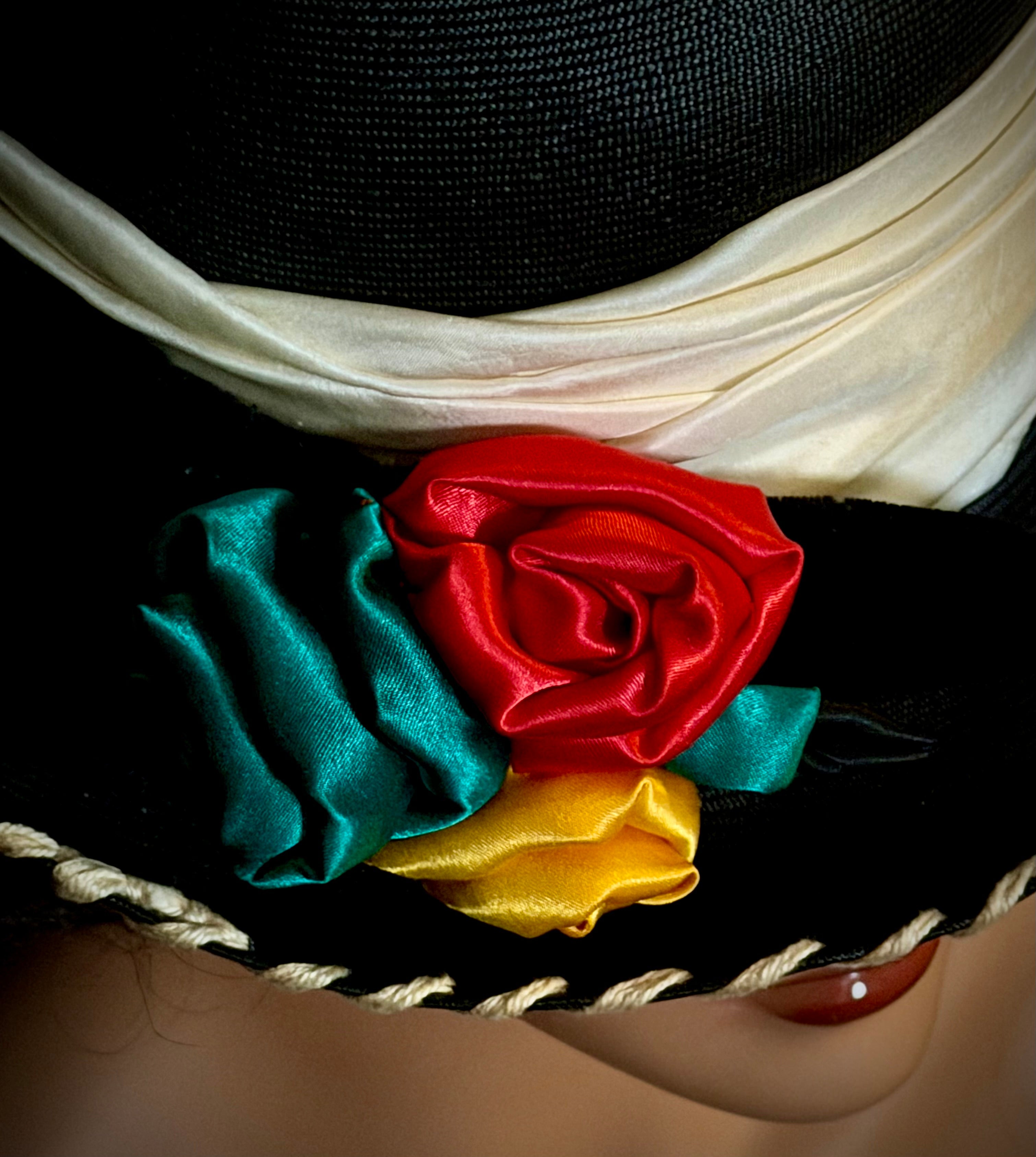 Exceptional Mid-Century Sculptural Hat - Black Structured Crown with Velvet and Satin Roses