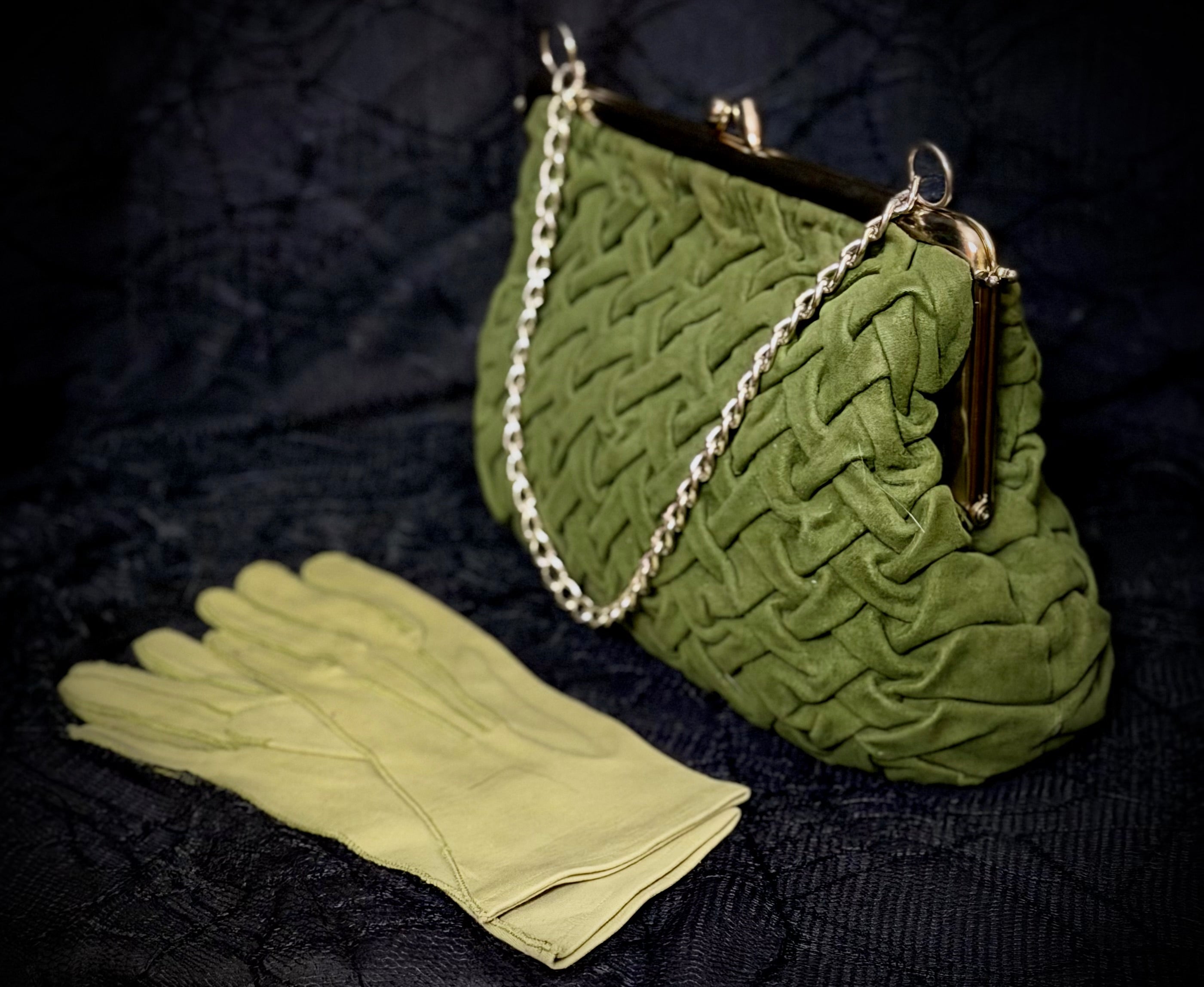 1950s Olive Velvet Evening Bag and Sage Gloves - Mid-Century Cocktail Set