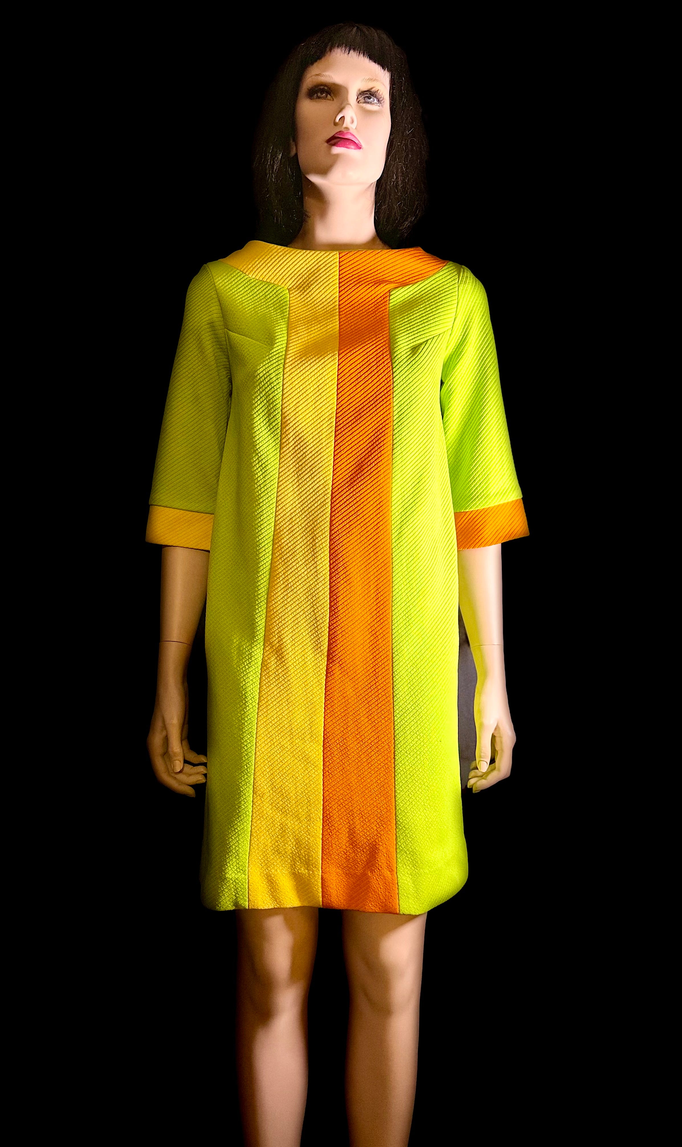 1960s Mod Graphic Stripe Shift Dress - Lime, Yellow and Tangerine