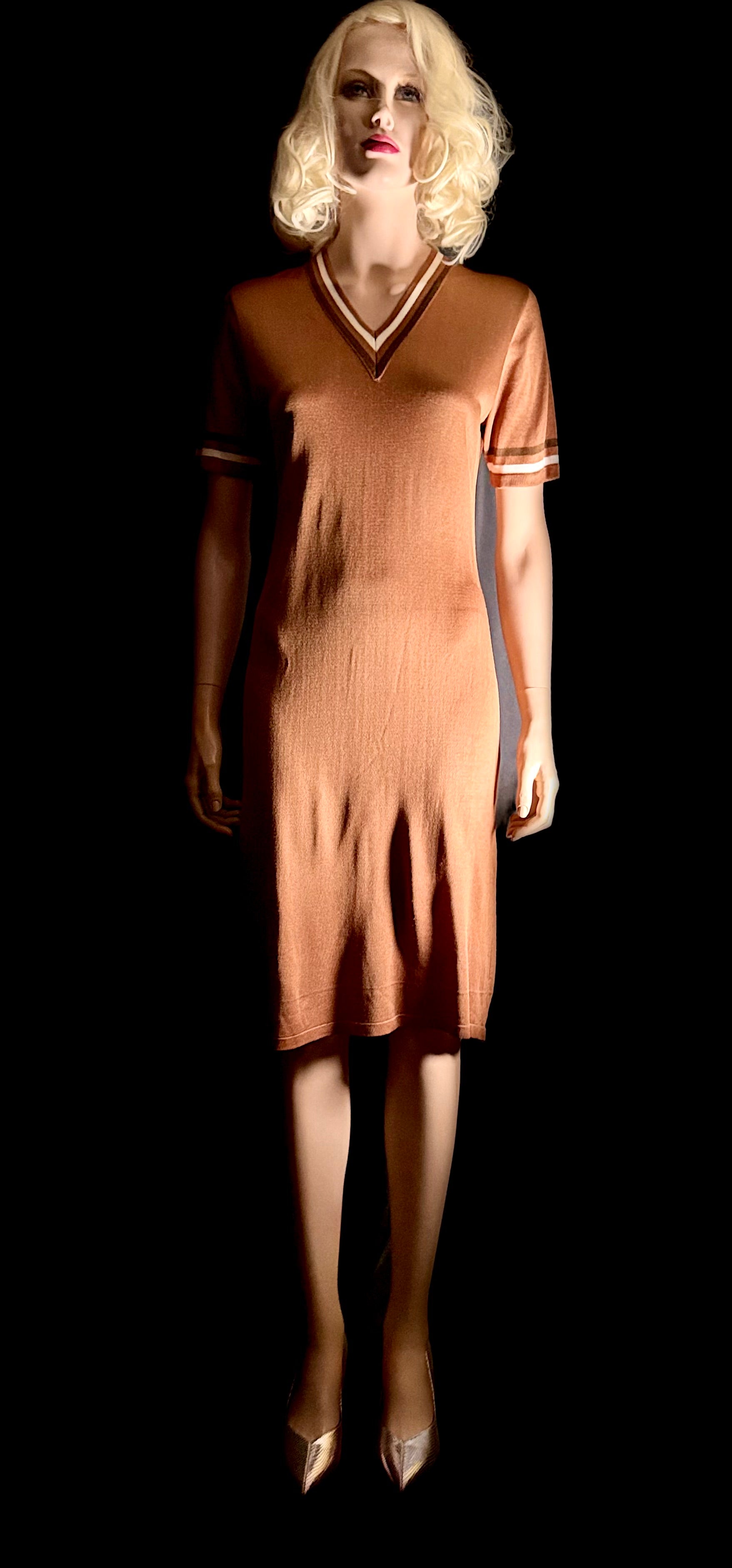 Vintage Brown Semi-Sheer Knit V-Neck Dress with Sporty Stripe Detail