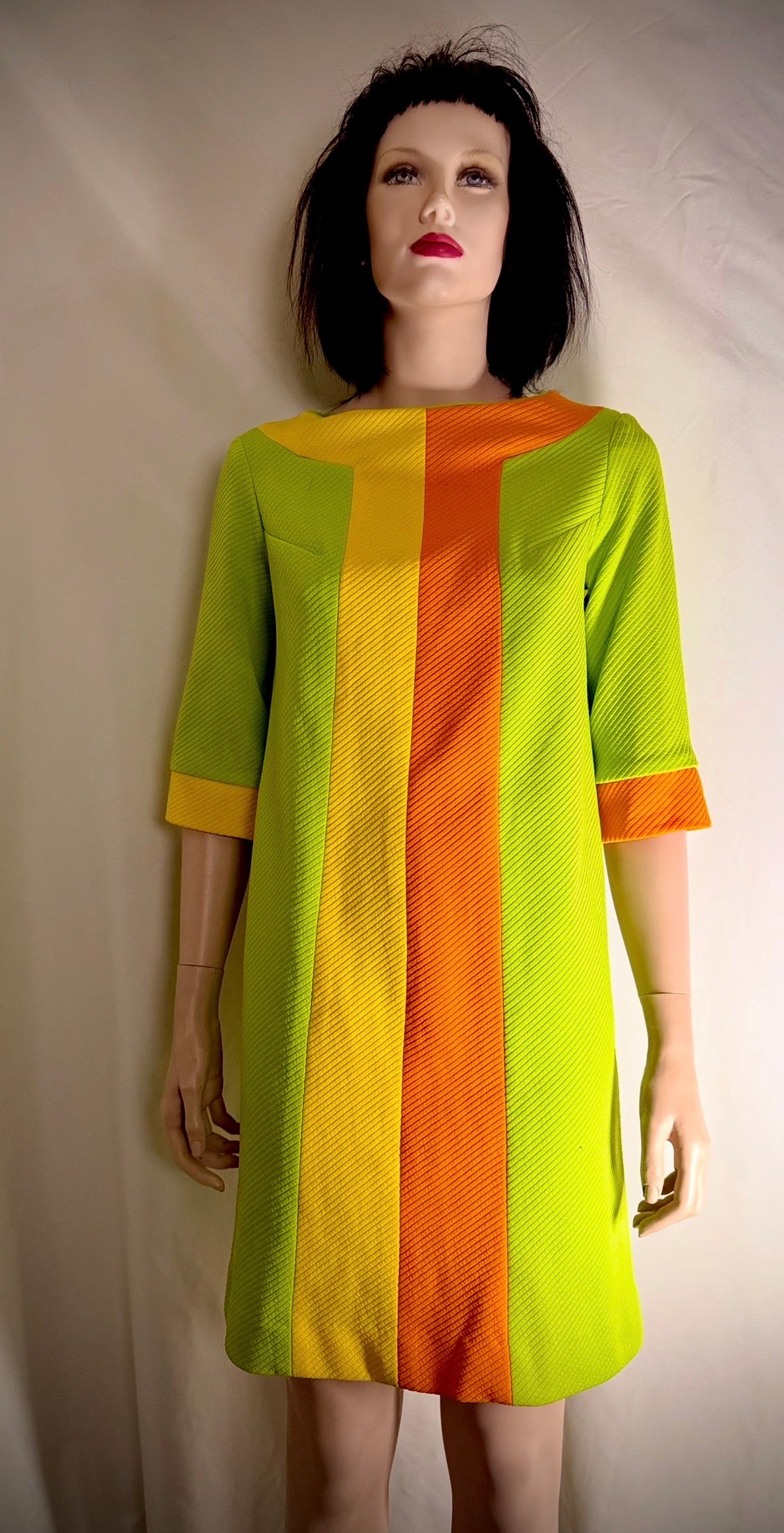 1960s Mod Graphic Stripe Shift Dress - Lime, Yellow and Tangerine