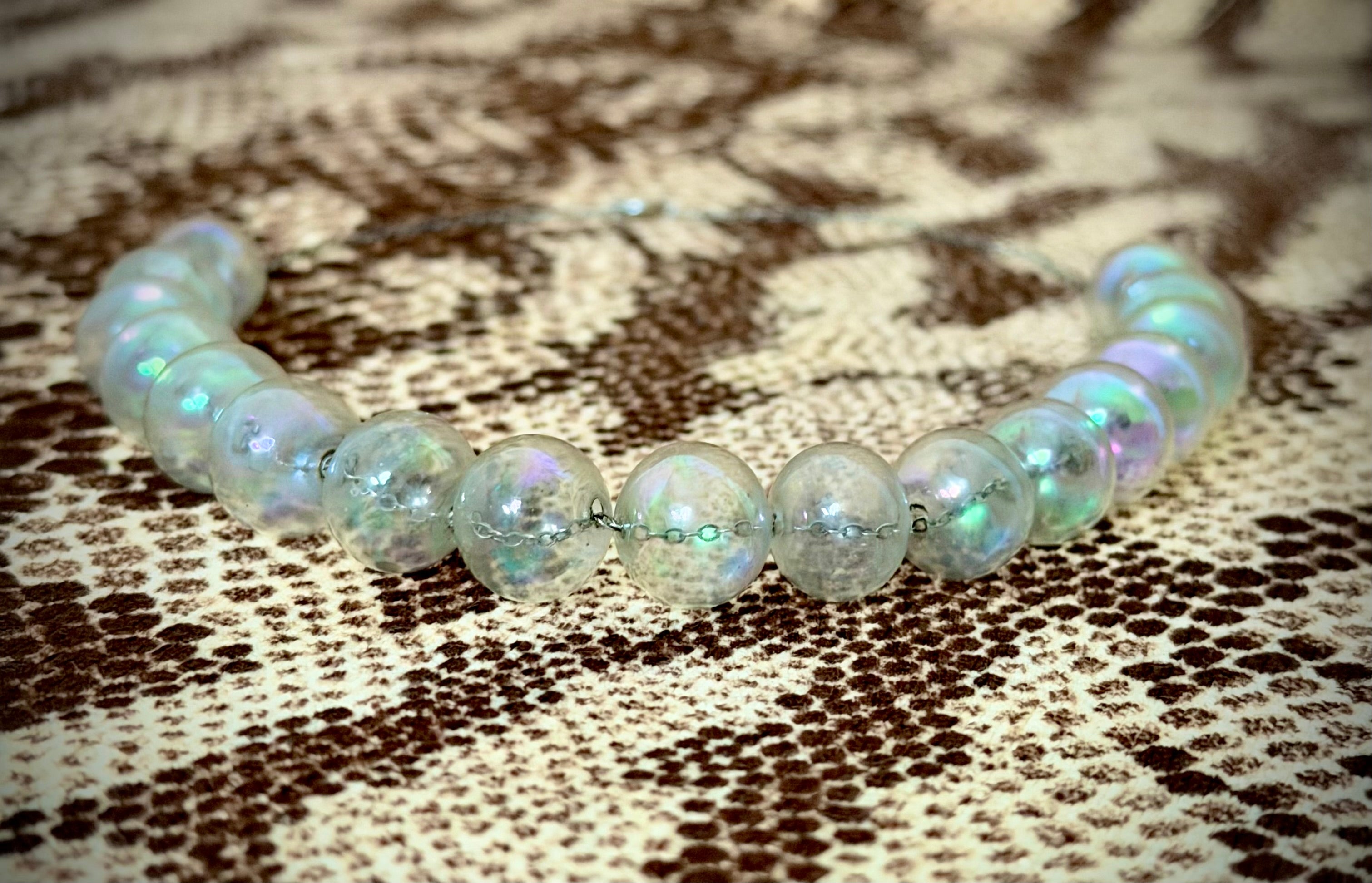 1940s Blown Glass Soap Bubble Necklace | Iridescent Glass Beads | Mid Century Jewellery