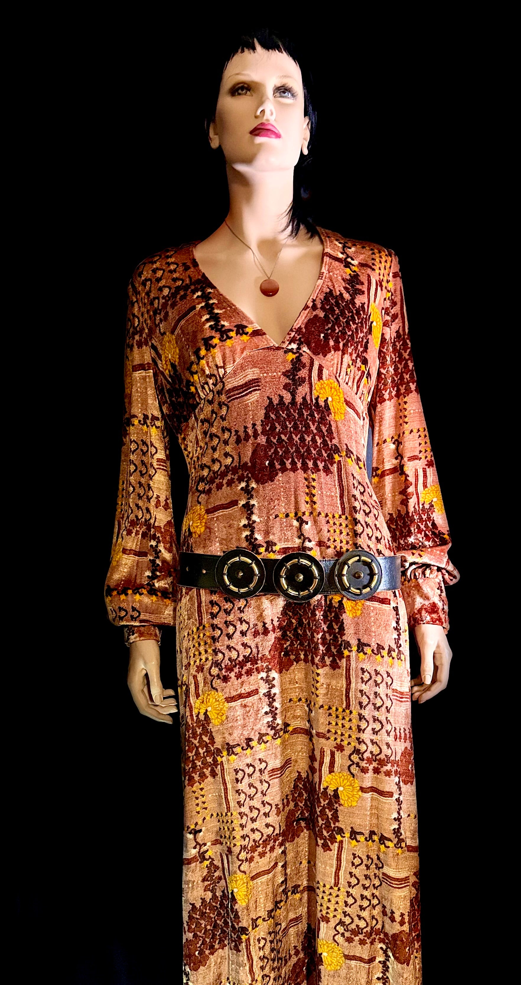 1970s Velvet Maxi Dress | Rich Patchwork Print | Heavy Luxe Fabric