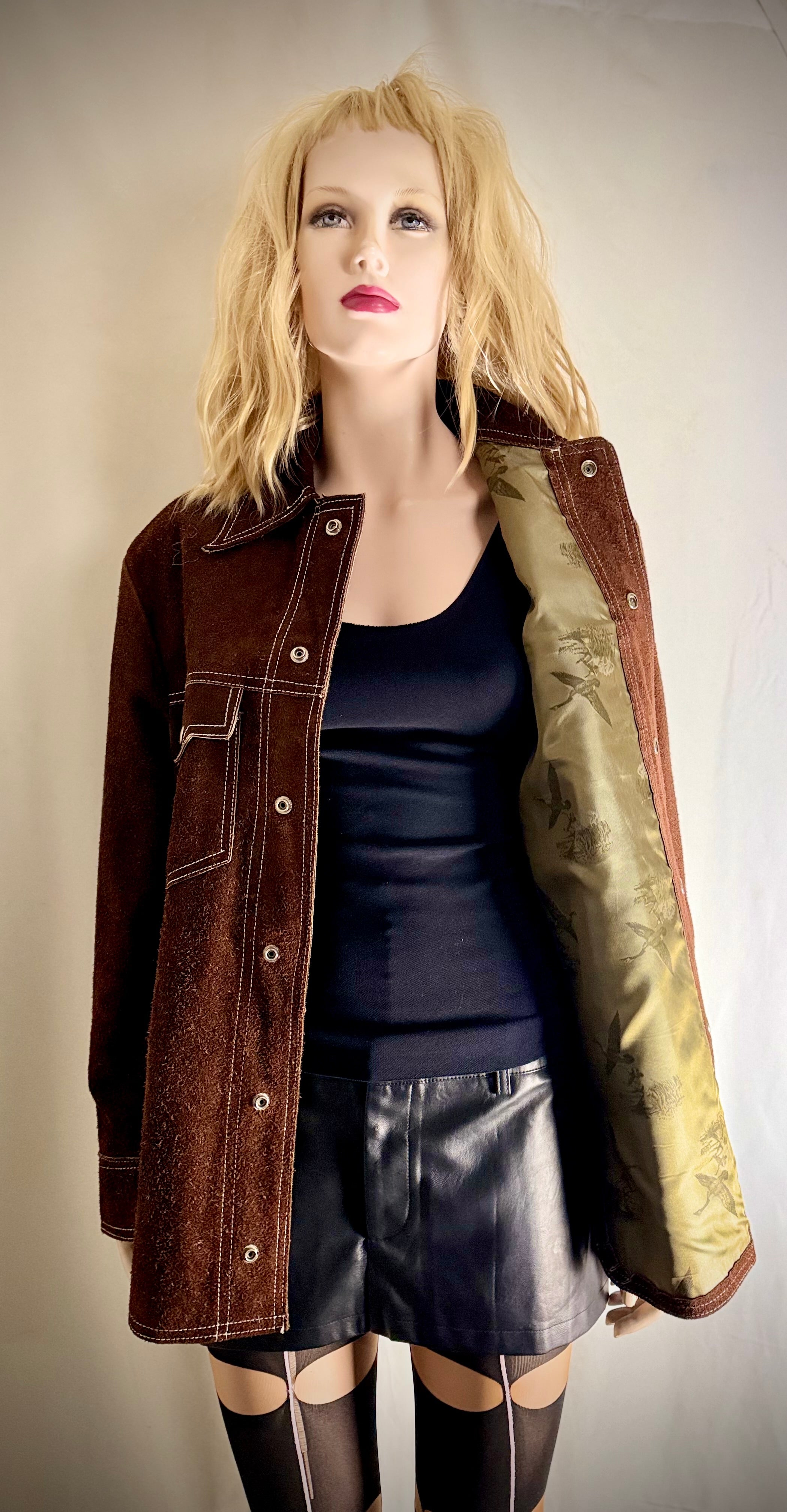 Exceptional Vintage 70s Mexican Suede Western Jacket with Scenic Bird Lining