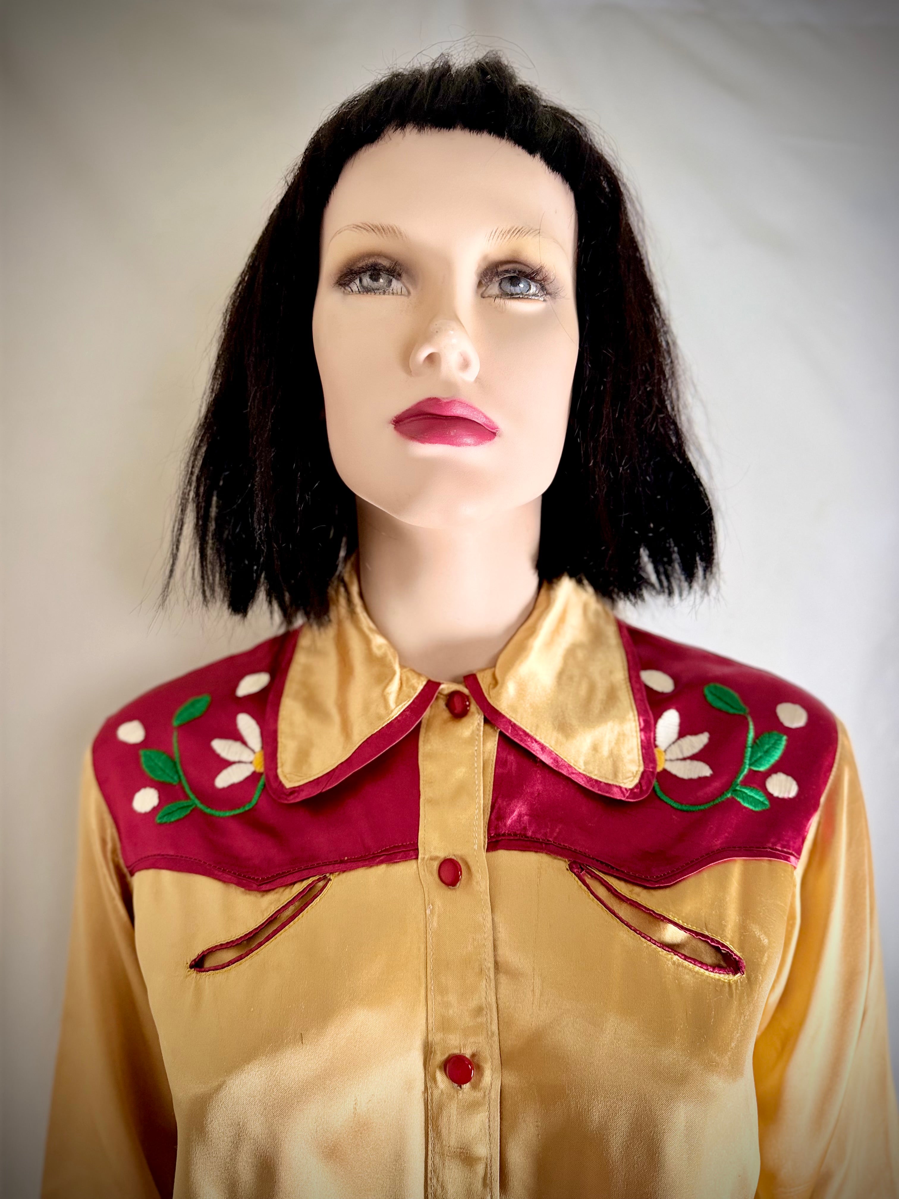 1940s Hand Embroidered Satin Western Shirt
