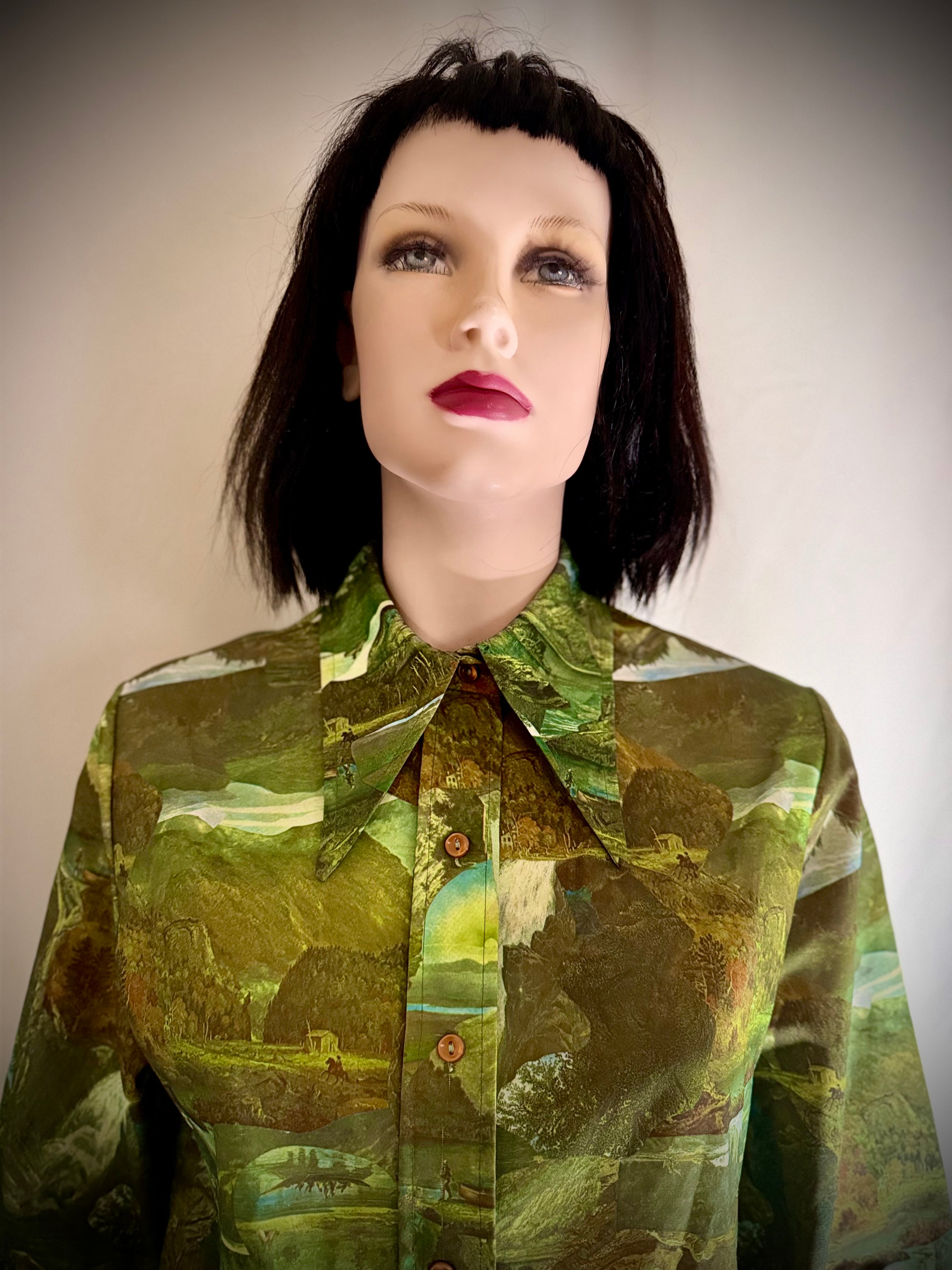 Late 1960s–Early 1970s Forest Scenic Print Shirt | Painterly Landscape Blouse