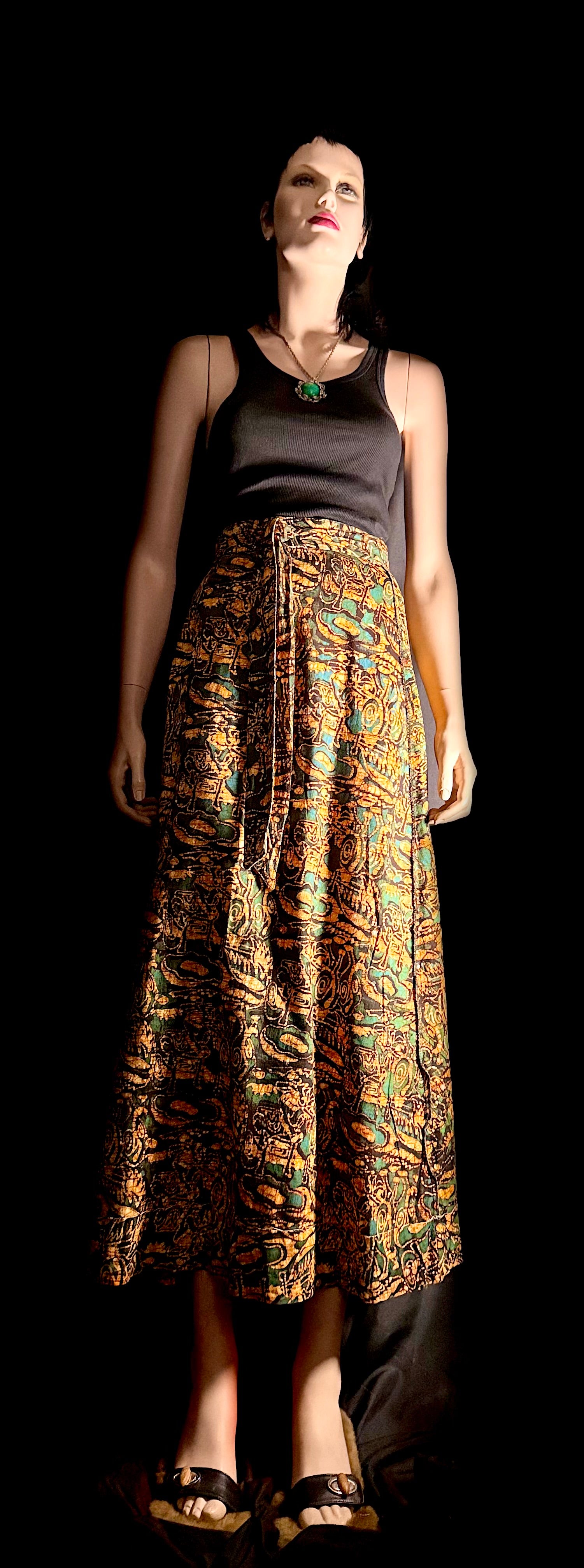 1970s Wrap Skirt – Earth Tone Abstract Print – Sarong Style