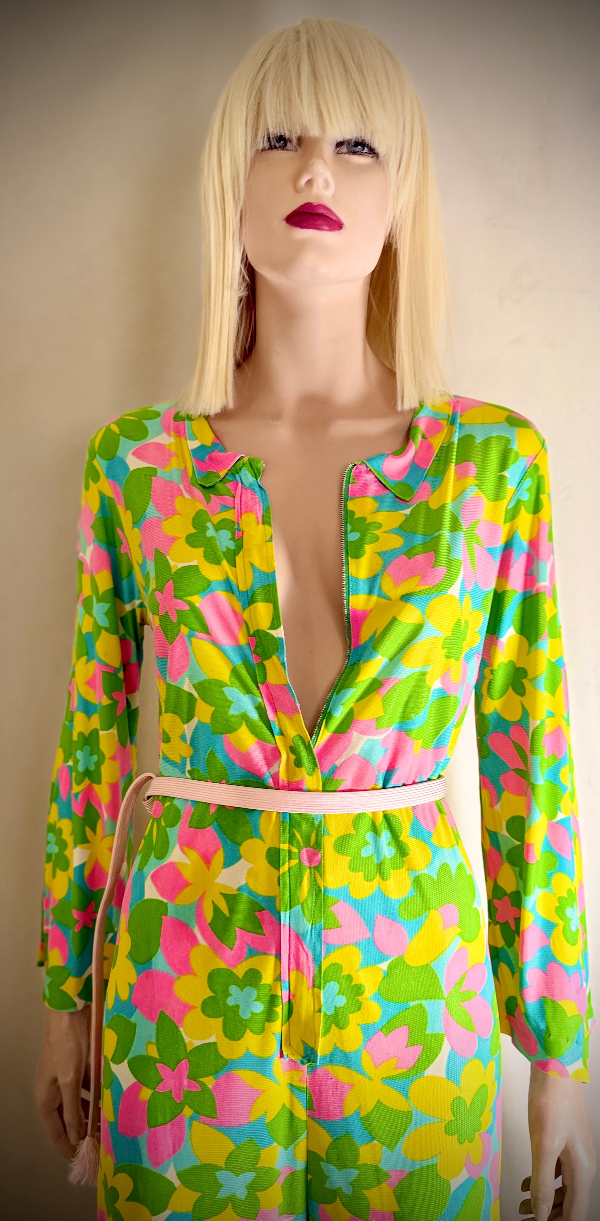 Late 1960s Floral Zip Front Jumpsuit