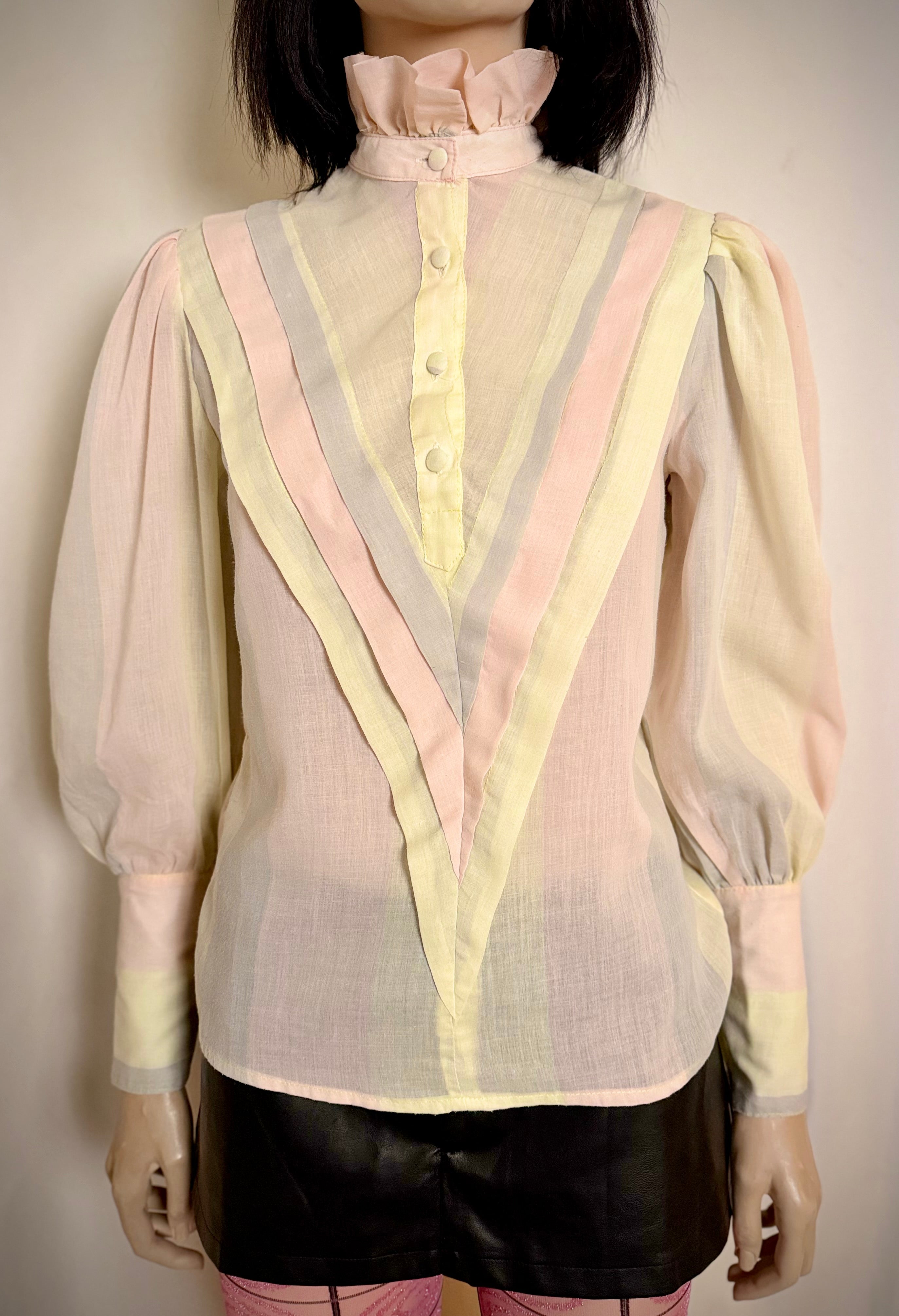 1980s Pastel Stripe Leg of Mutton Cotton Blouse