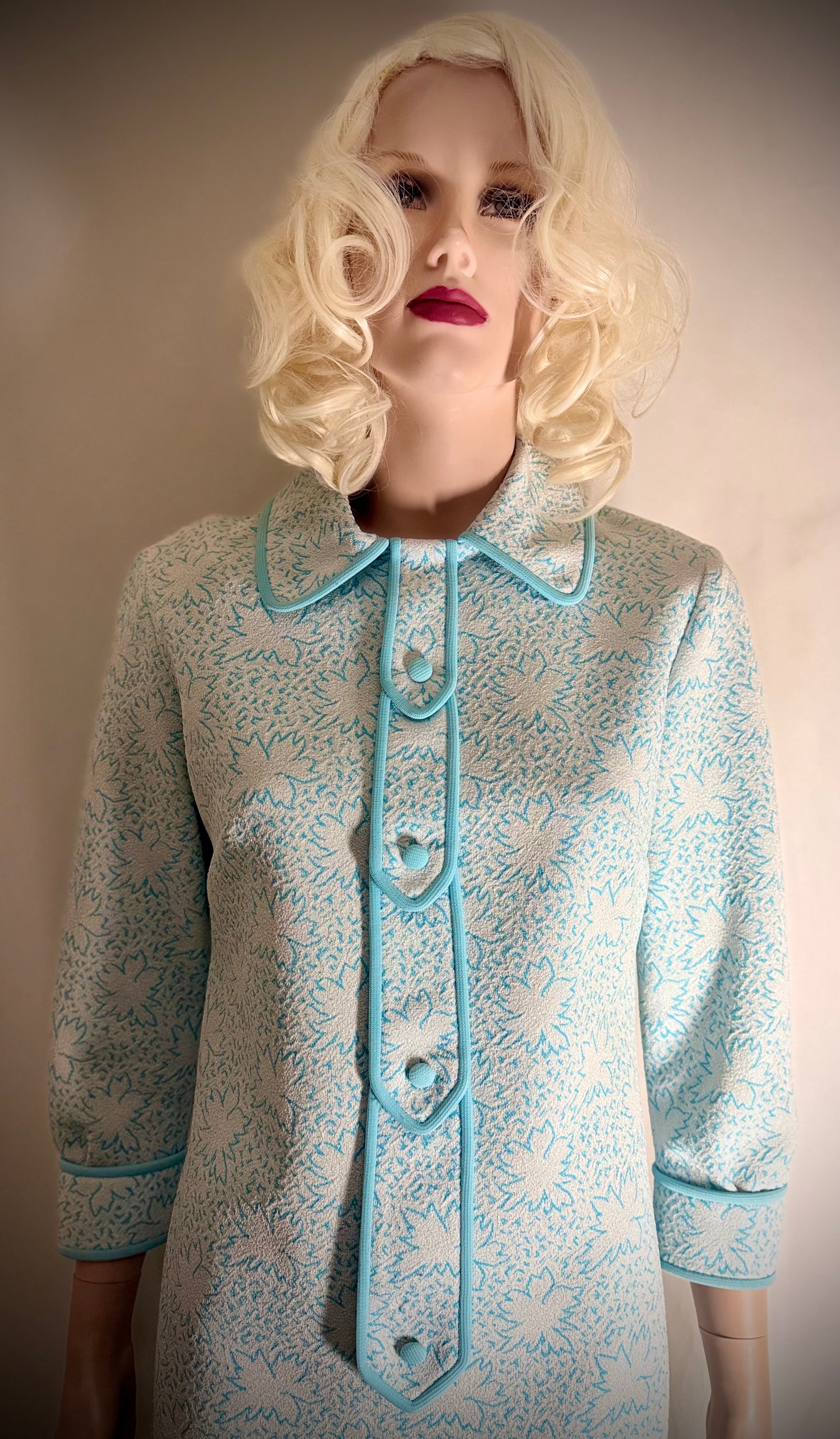 Immaculate 1960s Turquoise-Trimmed Textured Day Dress