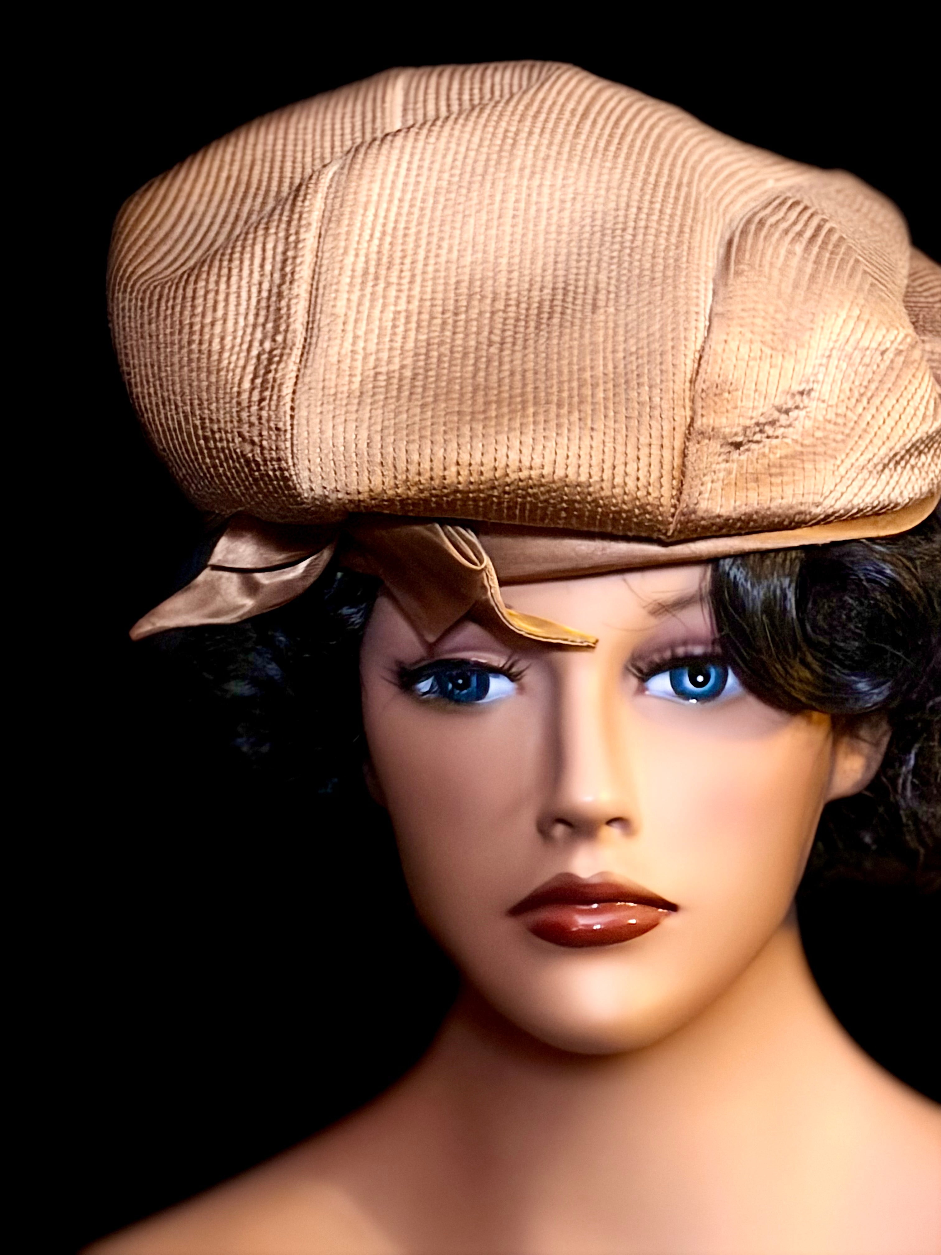 Vintage 1940s-50s Draped Turban Hat - Gold Satin & Faille