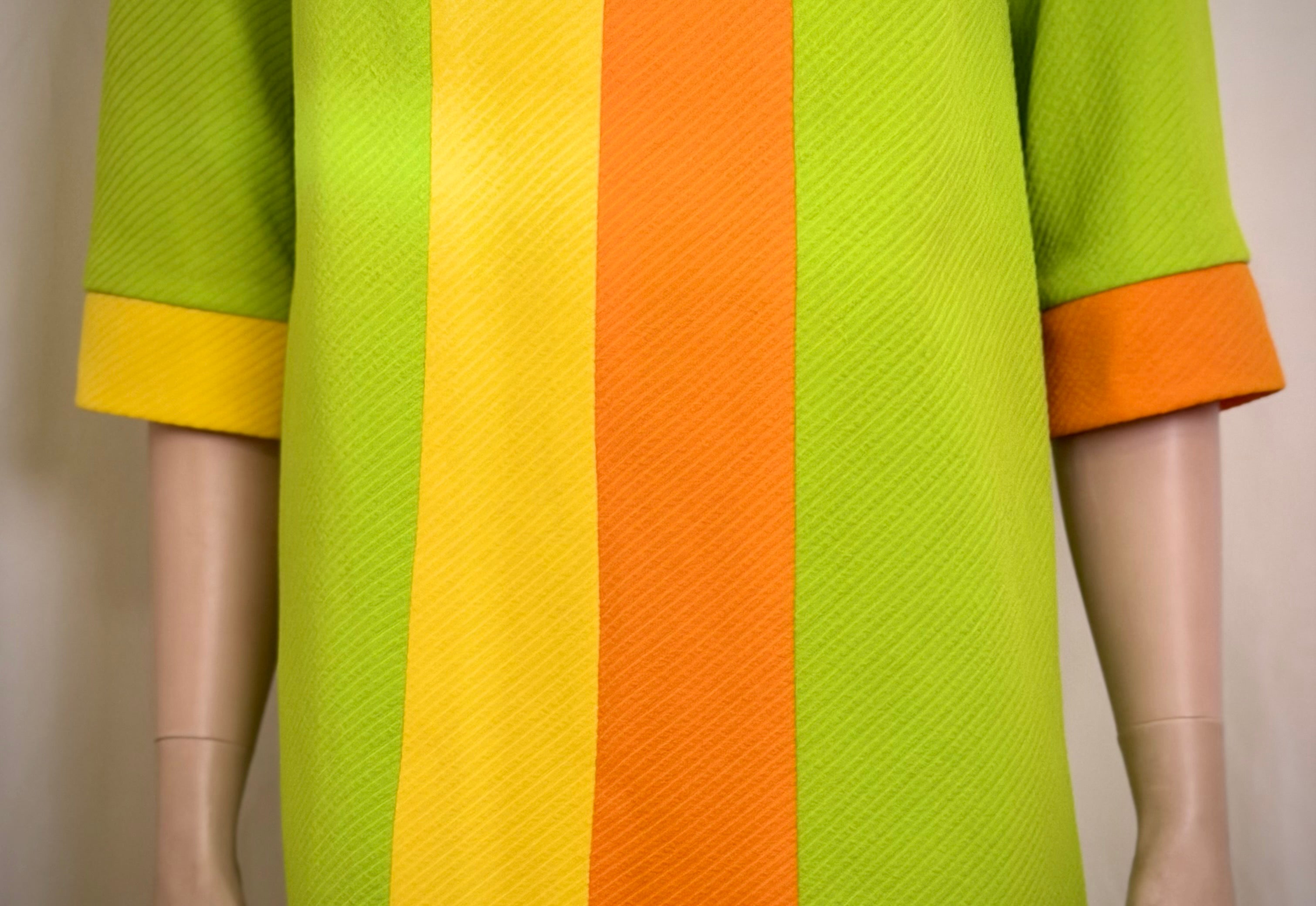 1960s Mod Graphic Stripe Shift Dress - Lime, Yellow and Tangerine