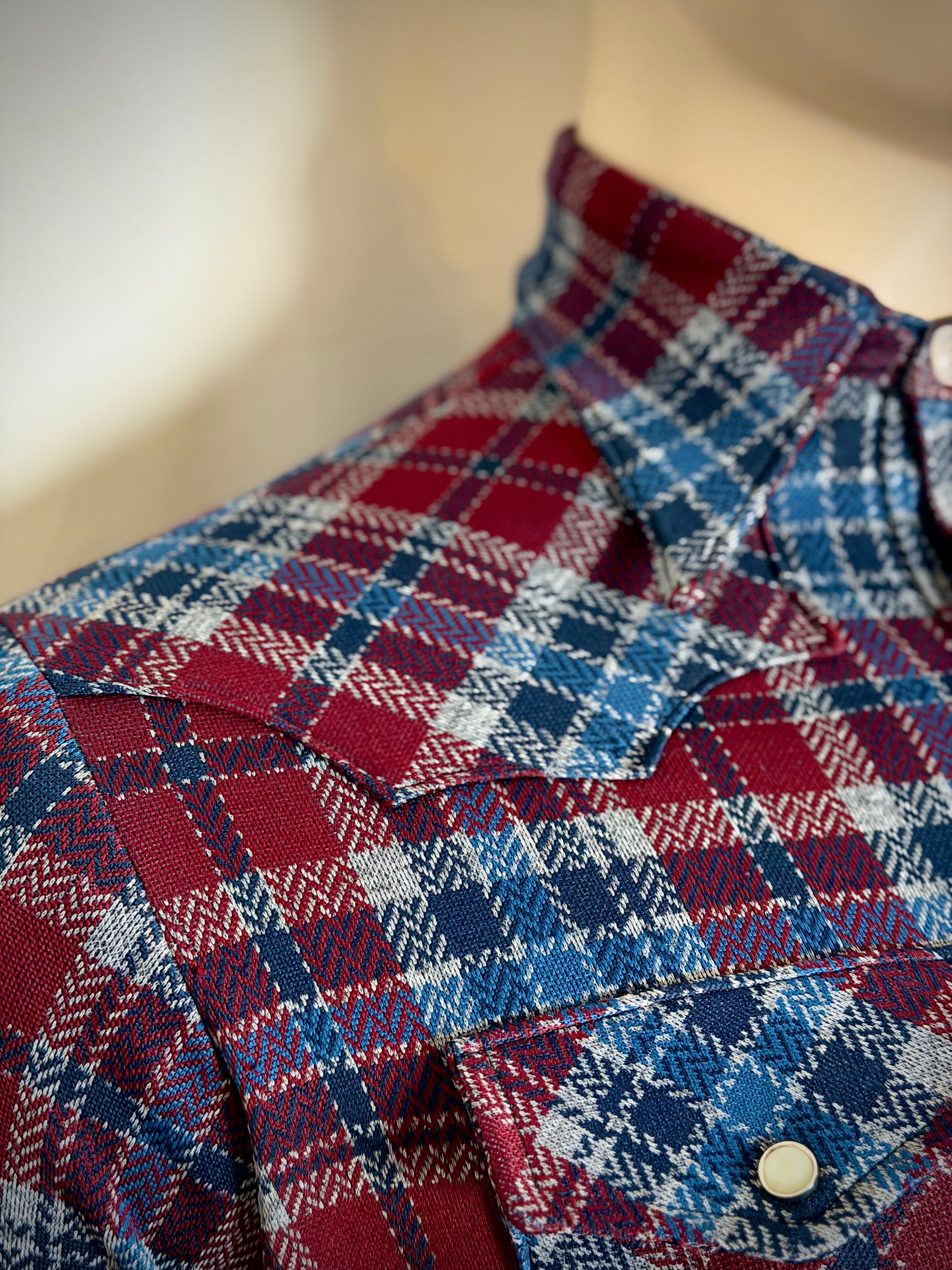Deadstock 1970s Western Snap Shirt - Burgundy, Blue and Cream Plaid
