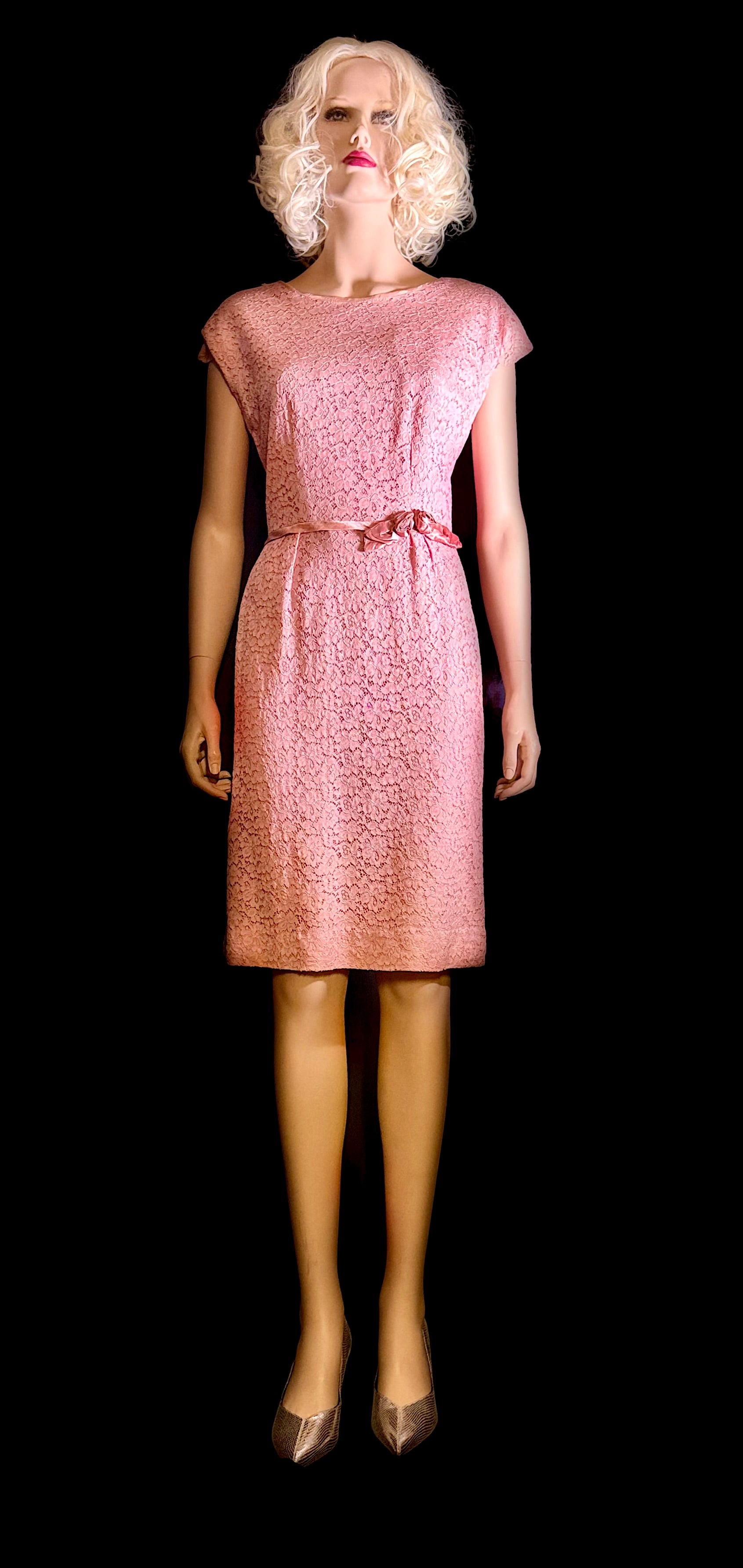 1950s Pink Lace Cocktail Dress with Satin Rosette Belt