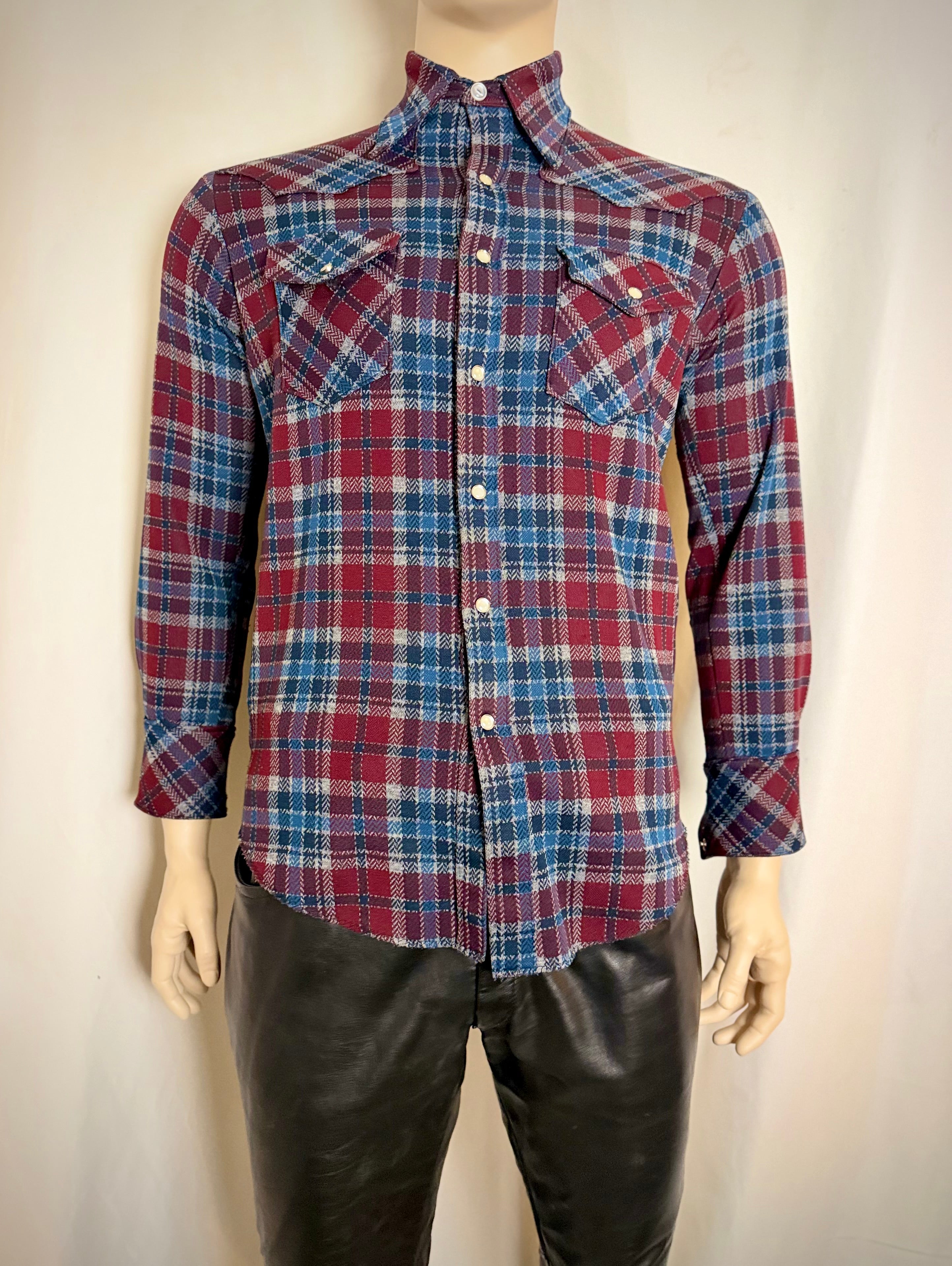 Deadstock 1970s Western Snap Shirt - Burgundy, Blue and Cream Plaid