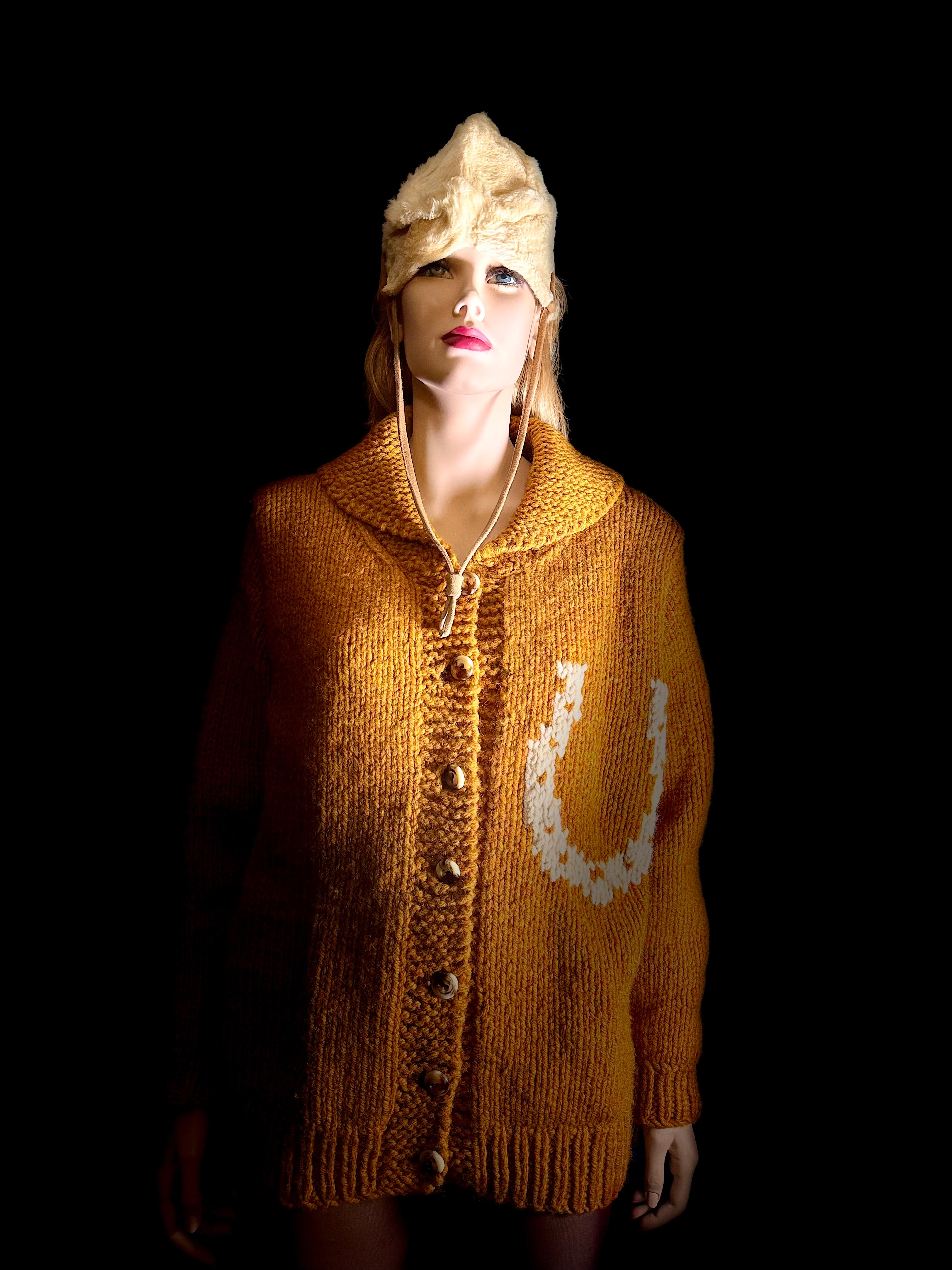 Exceptional Mid-Century Cowichan Cardigan - Horse and Rider Motif, Fully Lined