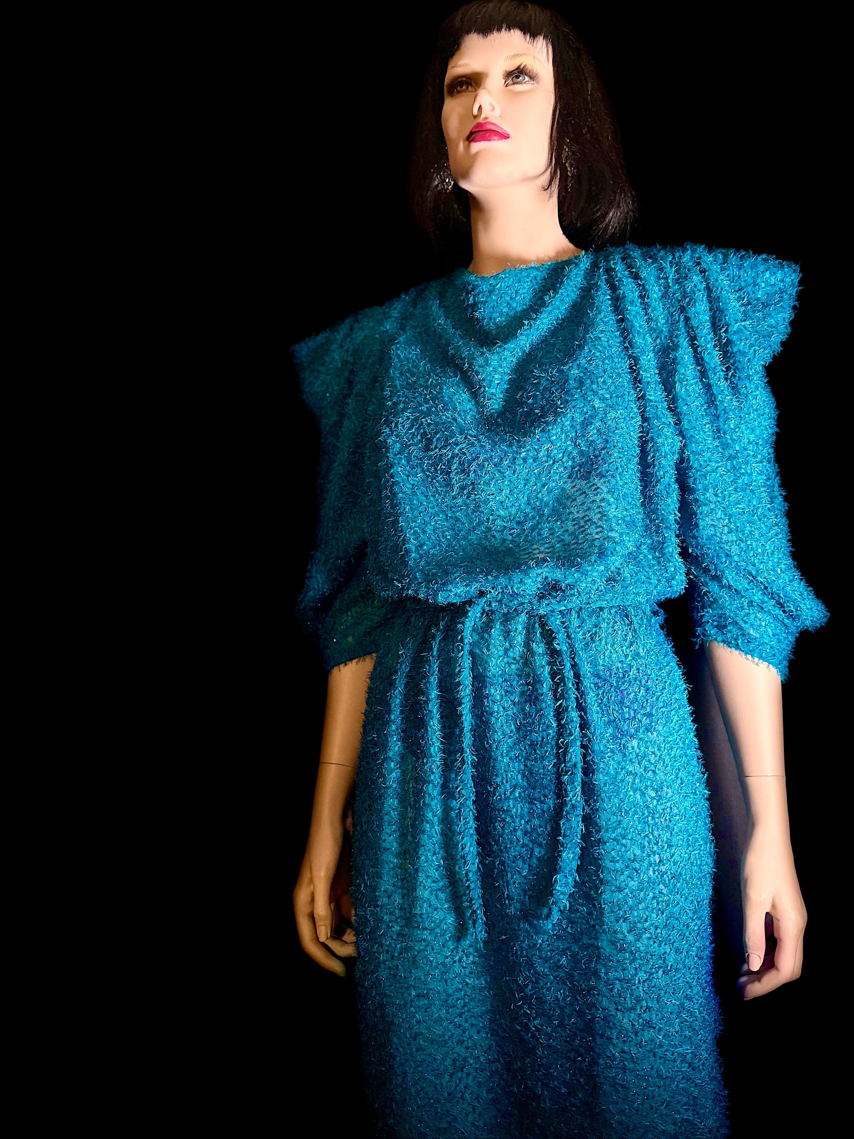 Electric Turquoise Sheer Lurex Midi Dress – 80s Avant-Garde Silhouette