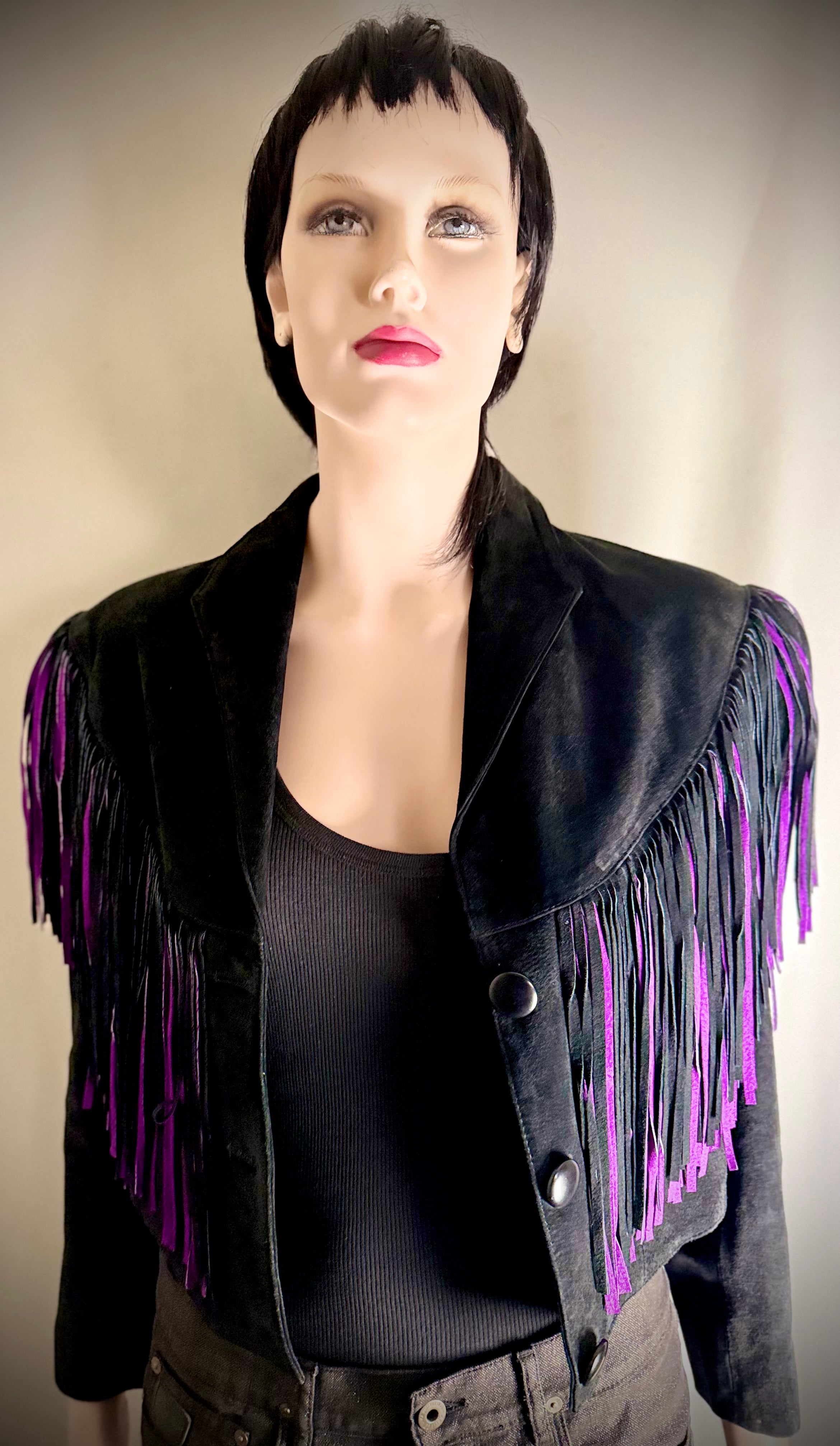 Exceptional 1980s Adler Black and Purple Suede Fringe Jacket