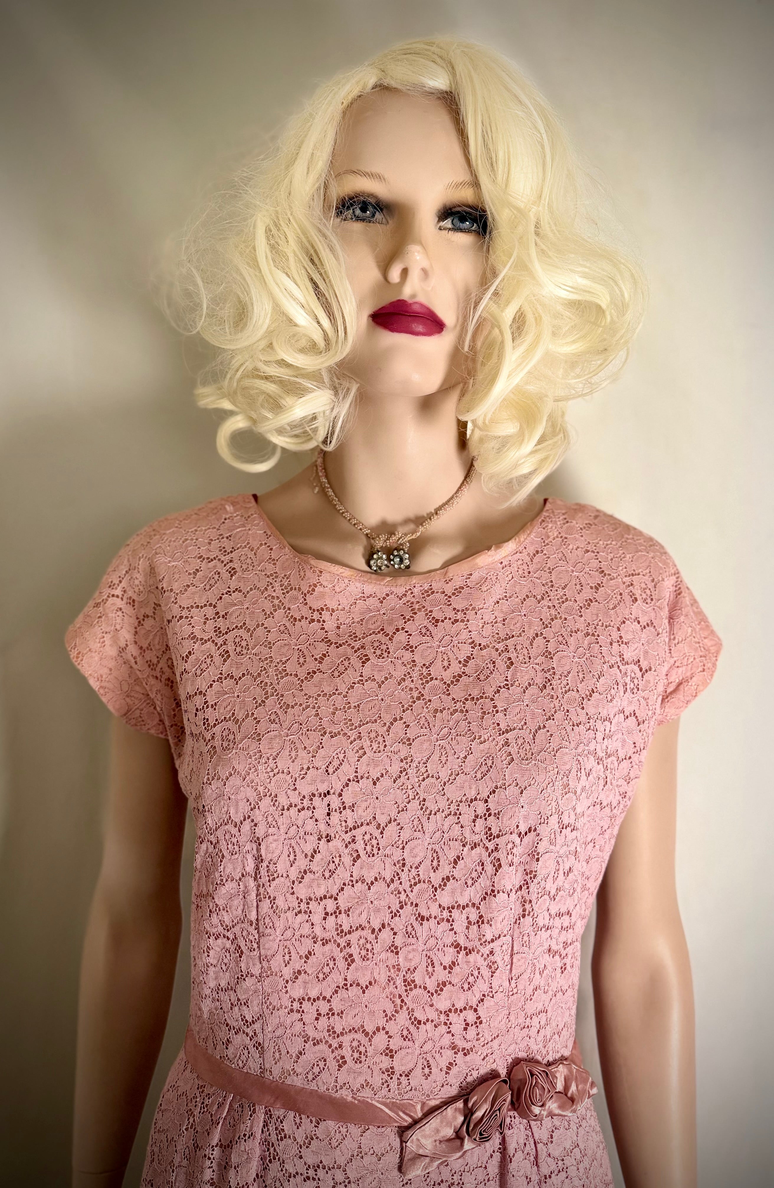 1950s Pink Lace Cocktail Dress with Satin Rosette Belt