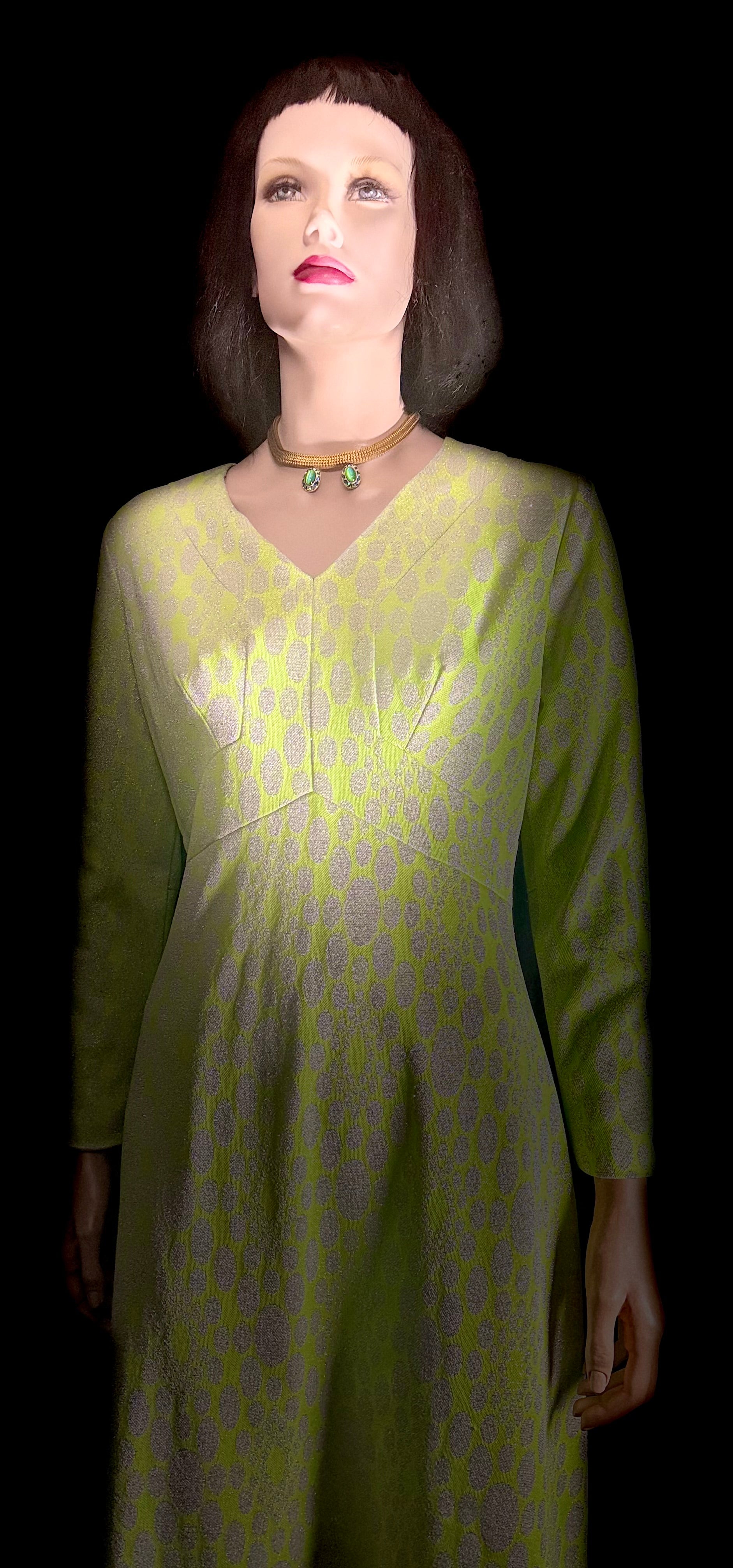 1960s Chartreuse Metallic Jacquard Op-Art Evening Gown (Mint Condition)
