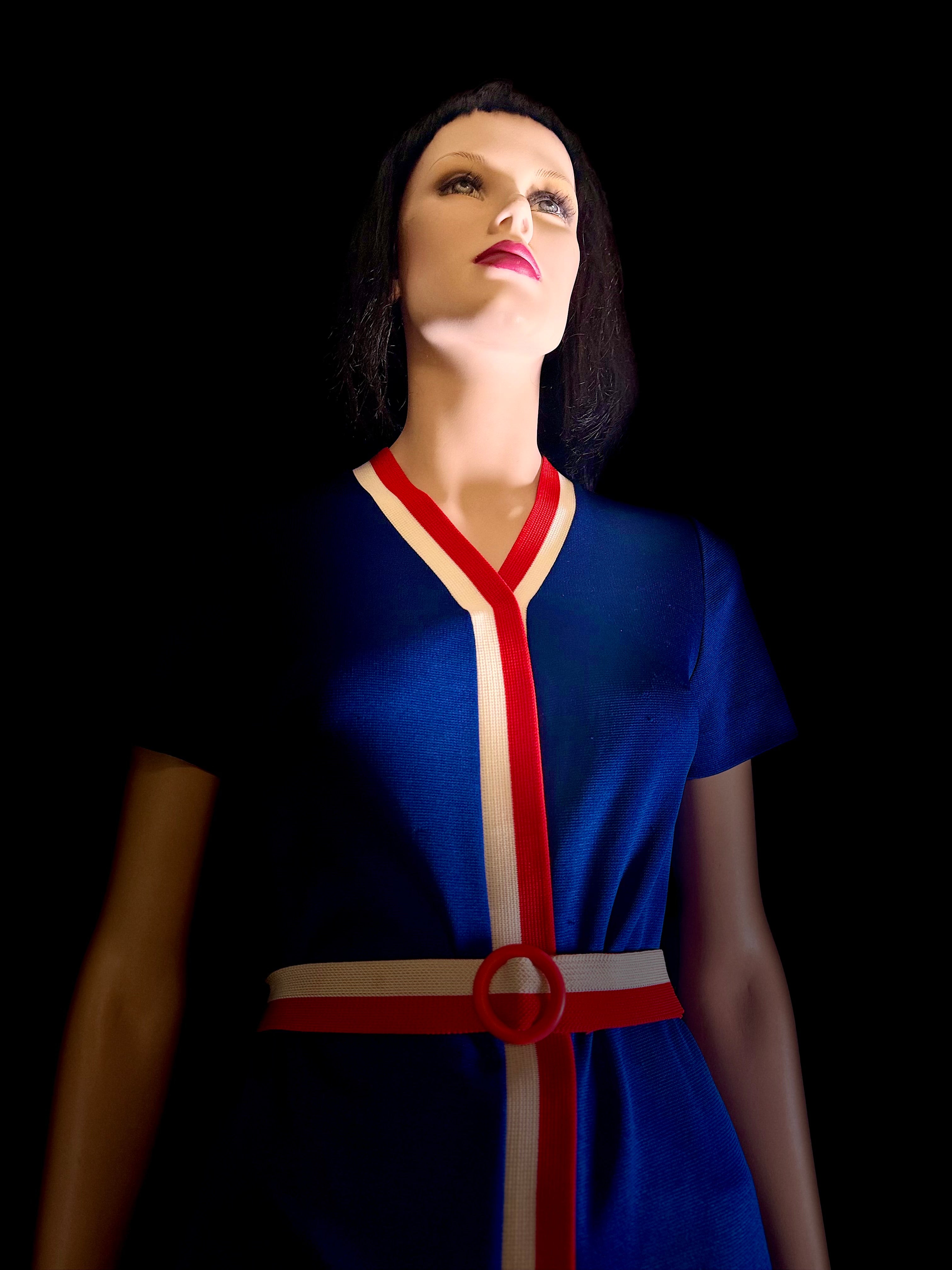 Vintage Graphic Knit Mini Dress / Tunic - Cobalt Blue with Red & White Trim