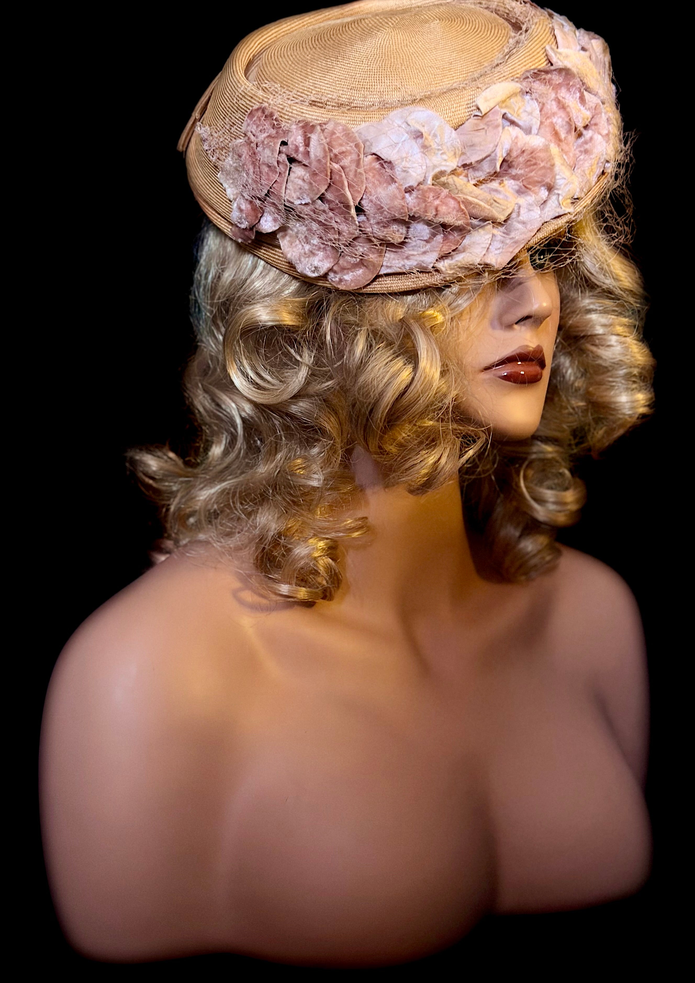 Early- Mid 1940s Straw Hat with Velvet Floral Trim and Veil