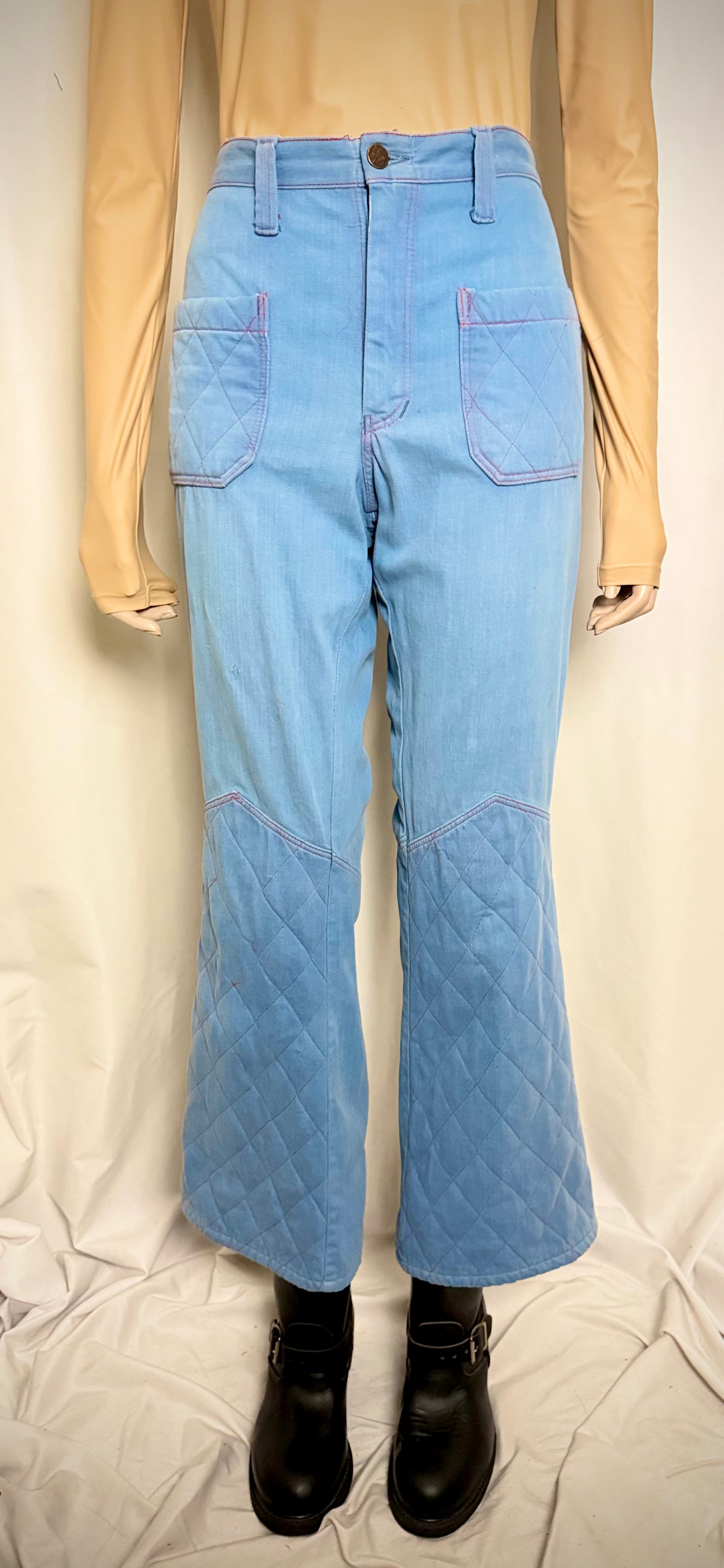 Vintage 70s Keyman Quilted Flares - Light Blue Denim