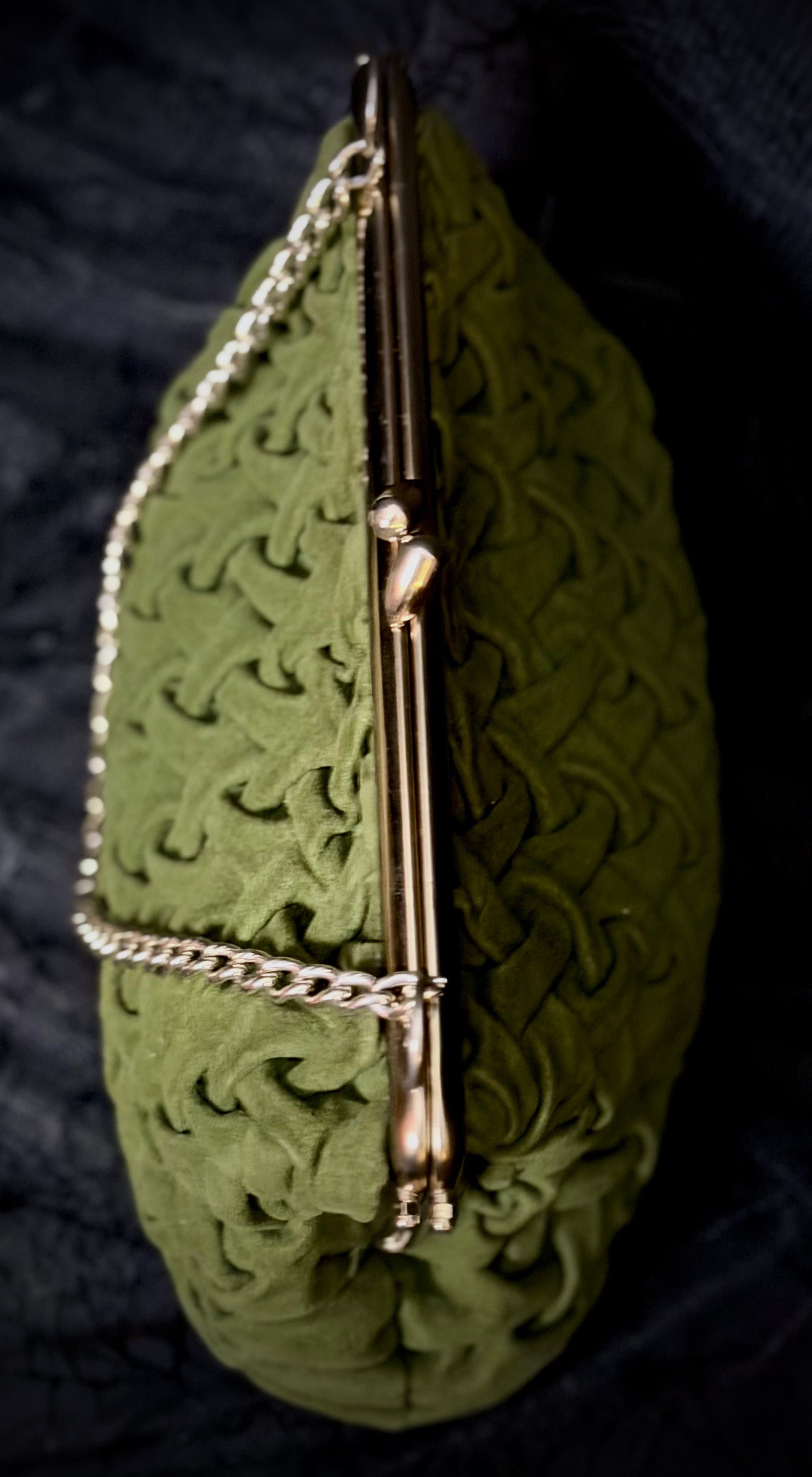 1950s Olive Velvet Evening Bag and Sage Gloves - Mid-Century Cocktail Set