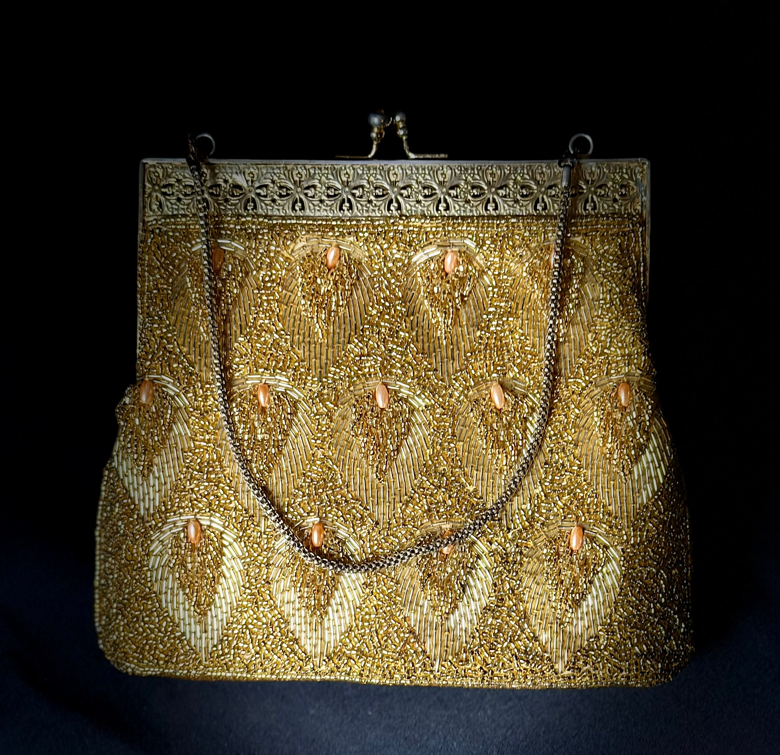 Evening Bag - 1950s Gold Beaded Clutch with Floral Filigree Frame”
