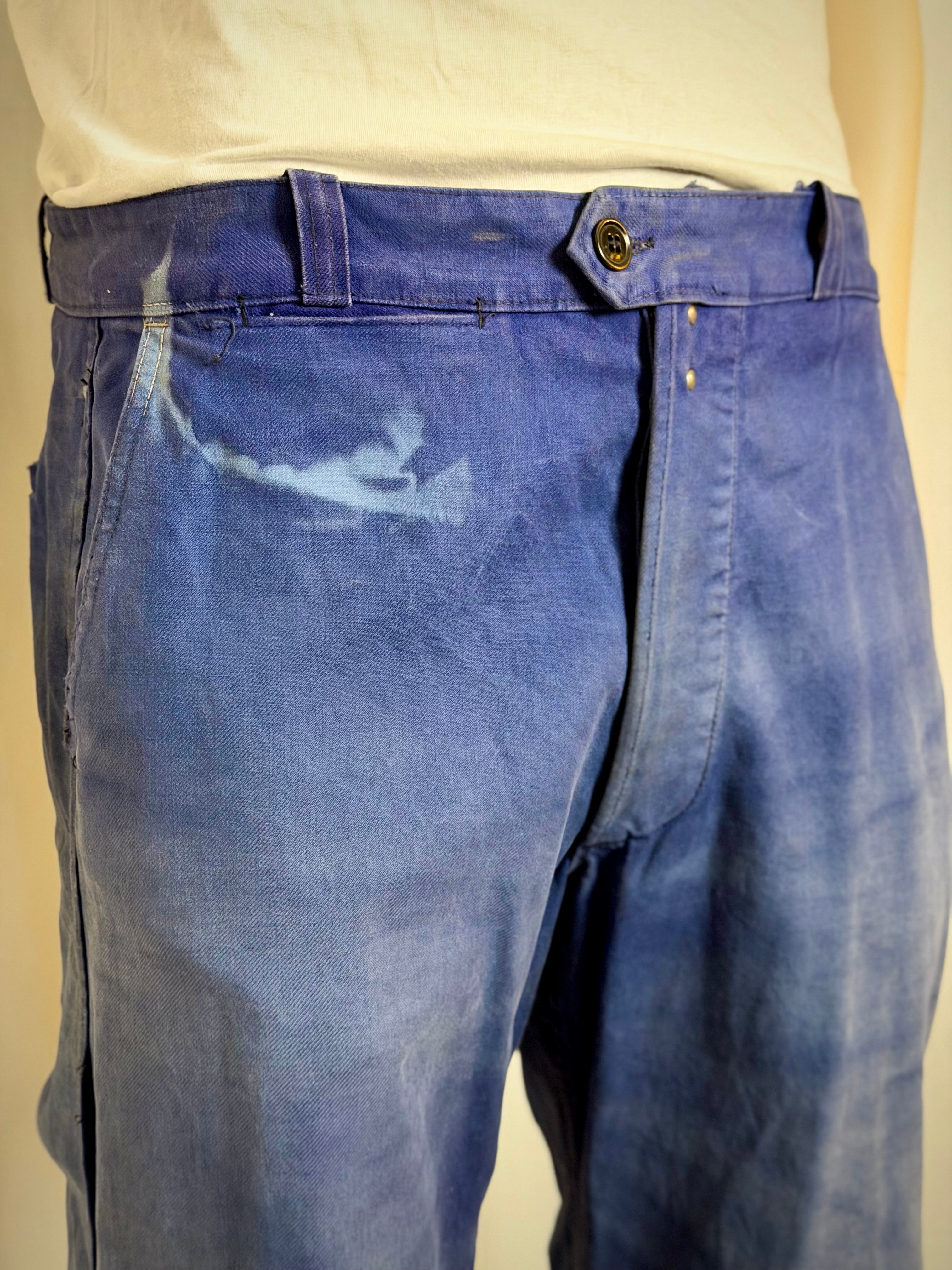 1940s French Workwear Trousers - Bleu de Travail Patina, Wide Leg, Rare
